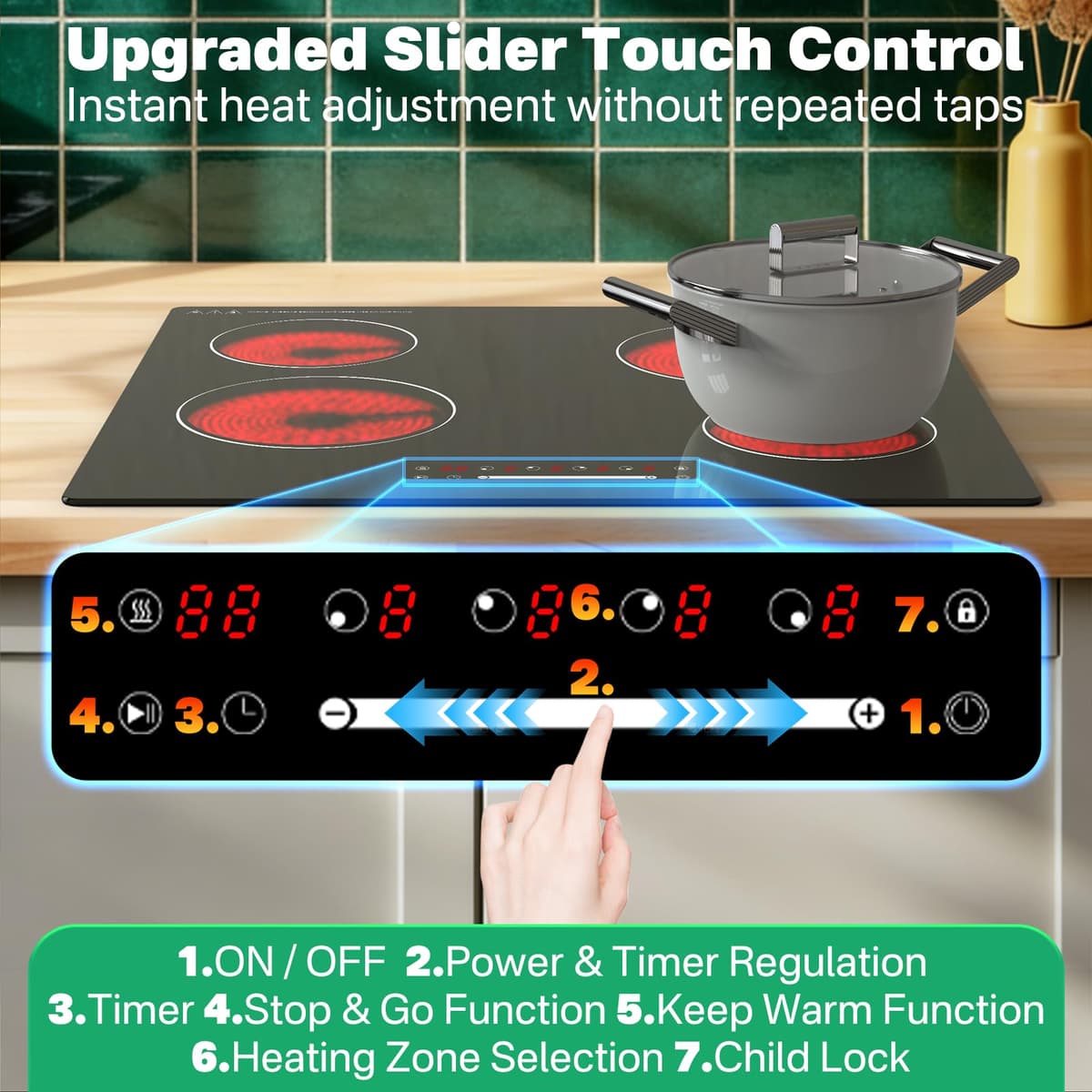 60cm Electric Ceramic Cooktop 4 Zones, 6000W Built-in Glass Ceramic Hob, Slider Touch Control, Single Ring Cooking Zones,No Plug 560×490mm — view 3