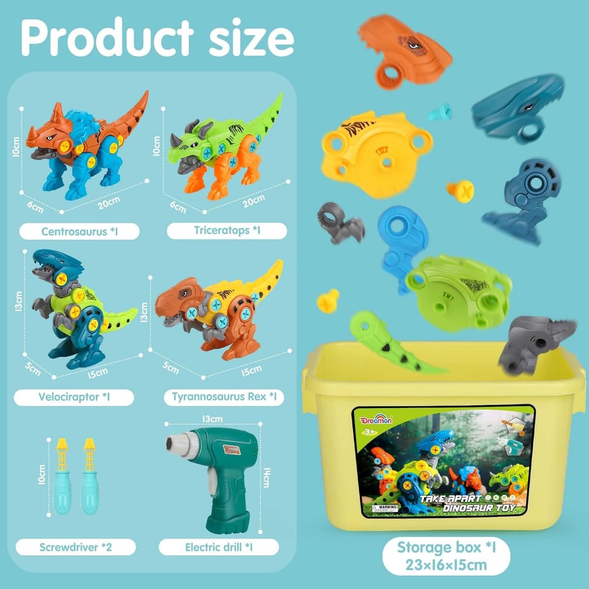 Dreamon Dinosaurios Juguetes para Niños 3 4 5 6 7 Años con Caja de Almacenamiento Taladro Eléctrico Construccion Juguete Dducativos Regalos para Niños Niñas — view 5