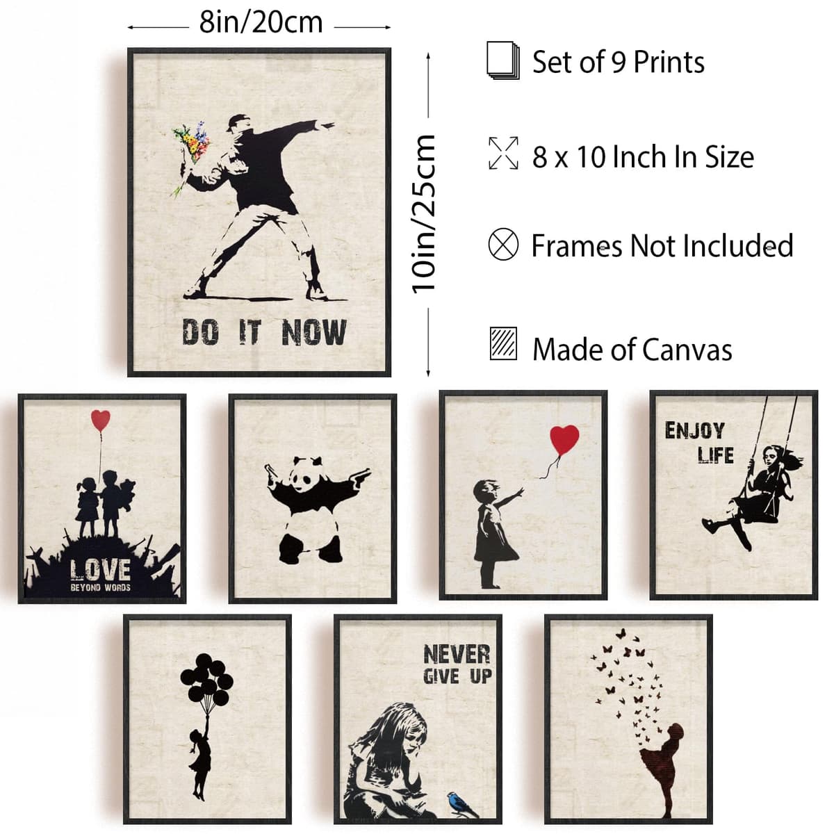 INFUNLY 9 Set Banksy Wall Art Prints Banksy Canvas Wall Art 8x10inch Unframed Panda Prints Banksy Posters Pictures Graffiti Street Wall Art Inspirational Quotes Art Wall Poster for Bedroom Living Room — view 2