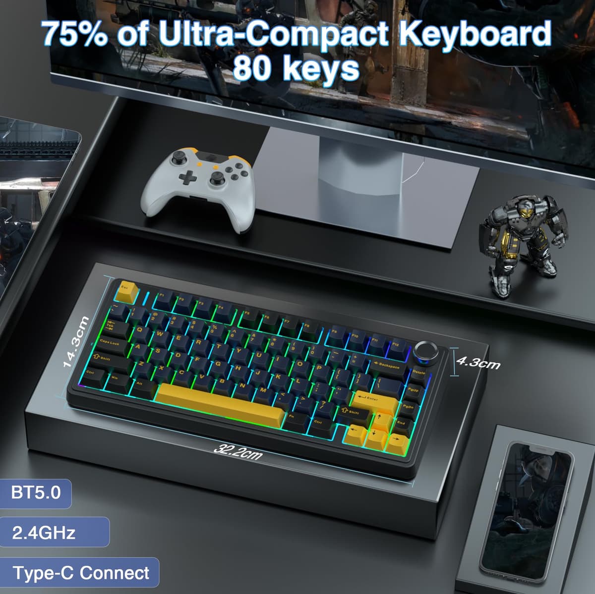 AULA F75 75% Wireless Mechanical Keyboard,2.4Ghz/Type-C/BT5.0 Gaming Keyboards,Advanced Structure,RGB Backlight,Hot Swappable Custom Keyboard for PC/Mac (Cool Black) — view 2