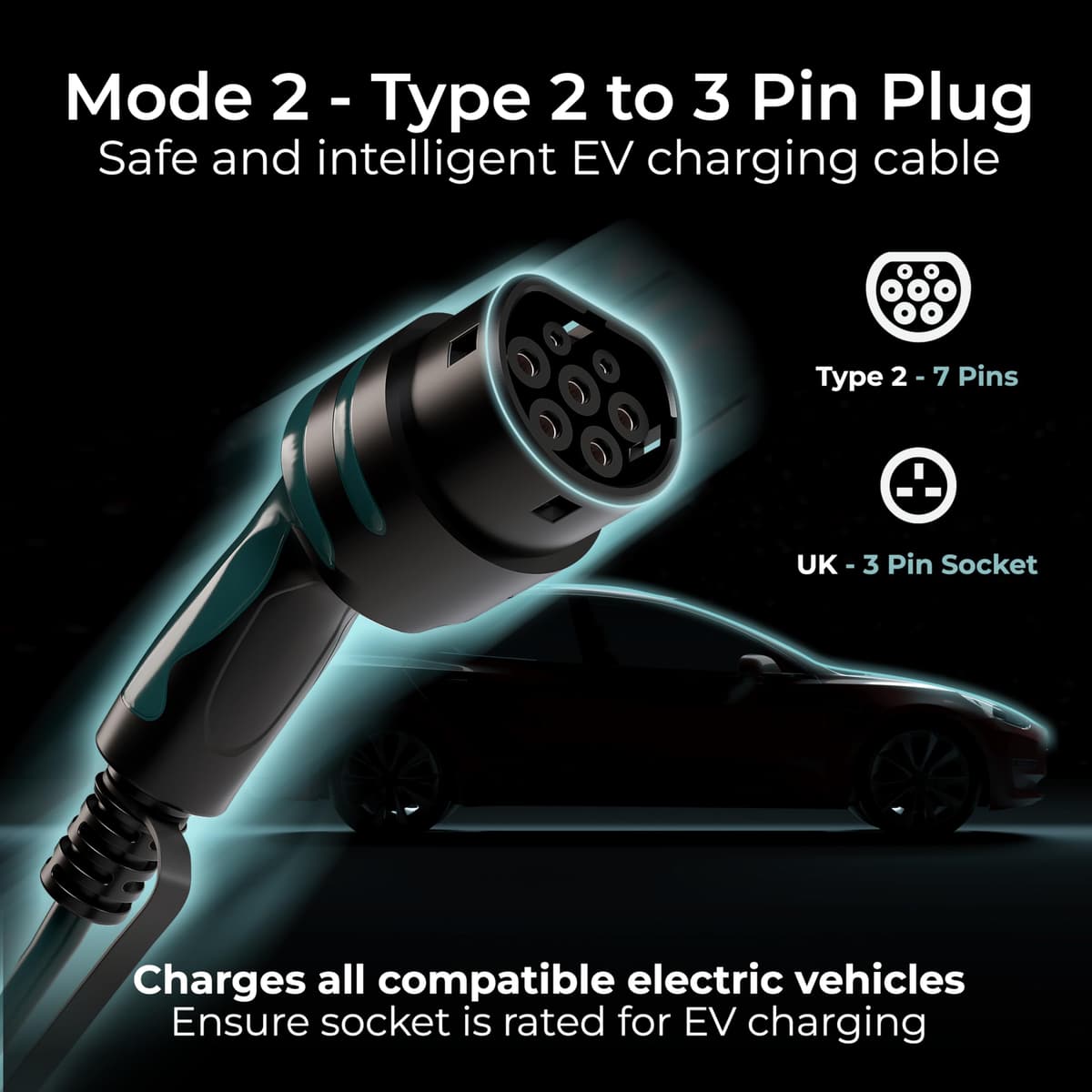 Masterplug EV Charging Cable for Electric and Hybrid Vehicles, 5 Metres, Mode 2, Delay Charging Function, 3 Pin UK Plug to Type 2 Car Charger, Language Options, 2.4kW, EVCM221005-MP2 — view 3