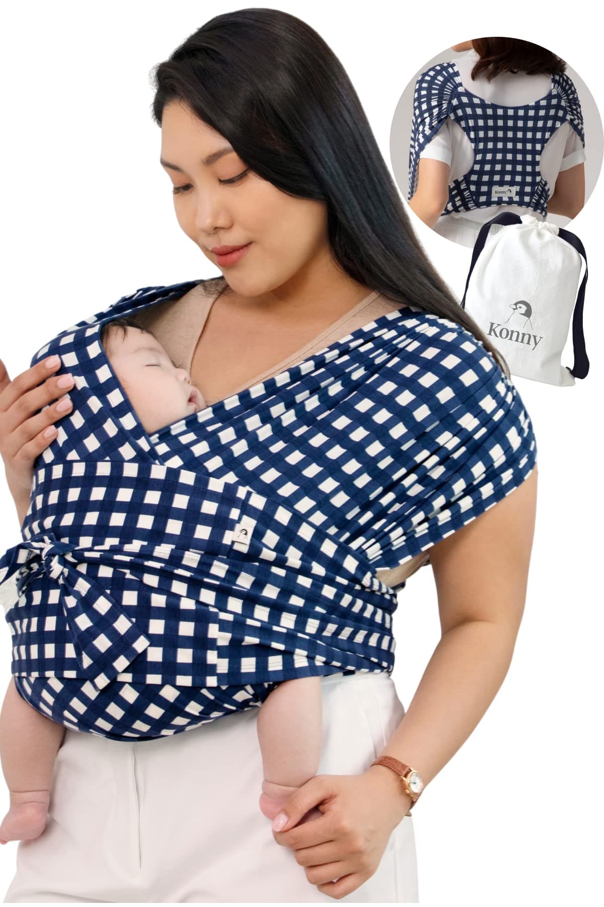 Konny Baby Carrier SoftBreeze Luxury Carrier Wrap, Easy to Wear Baby Wrap Carrier, Perfect Essentials Cloths for Newborn Babies up to 44 lbs, (Navy Gingham, 5XL)