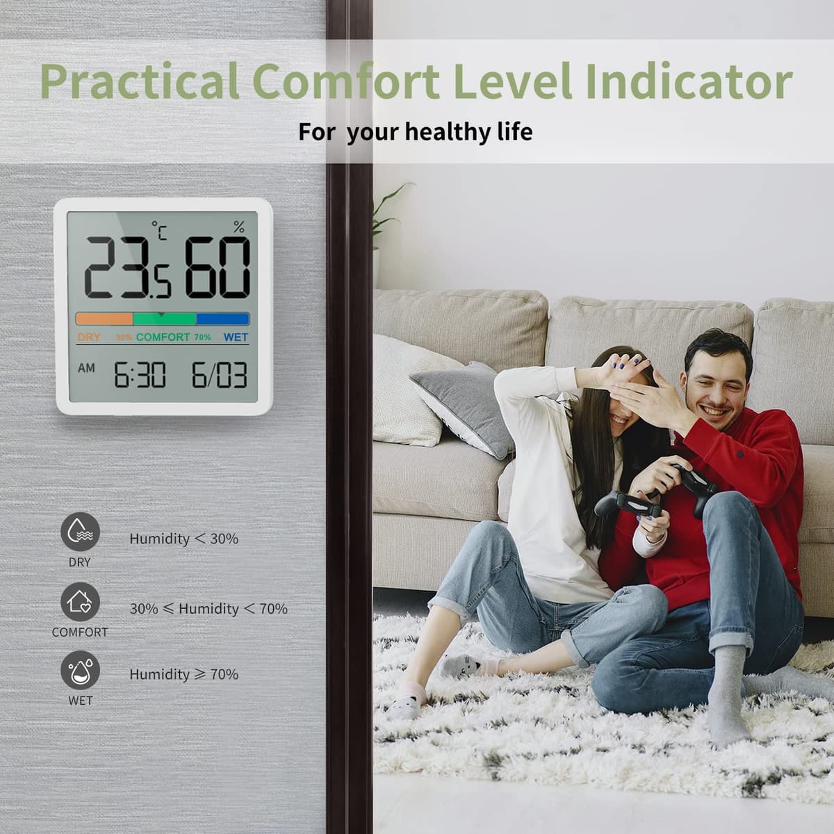 NOKLEAD Hygrometer Indoor Thermometer, Desktop Digital Thermometer with Temperature and Humidity Monitor, Accurate Humidity Gauge Room Thermometer with Clock (White) — view 4