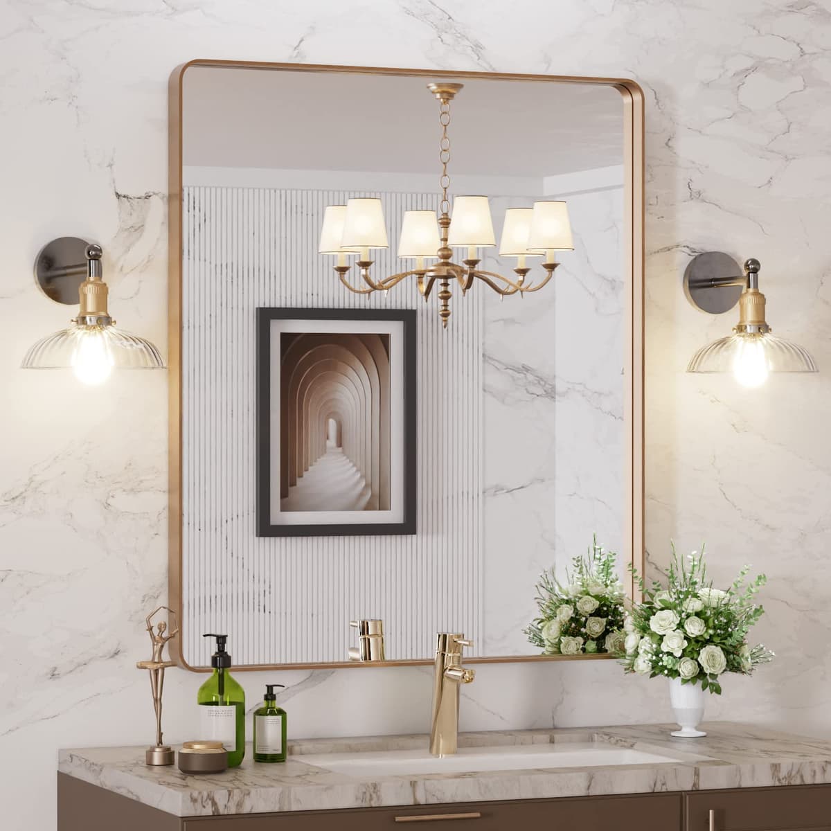 LOAAO 48”X36” Gold Bathroom Mirror, Rounded Rectangle Gold Frame Mirror, Brushed Gold Bathroom Vanity Mirror Wall-Mounted, Anti-Rust, Tempered Glass, Hangs Horizontally or Vertically — view 39