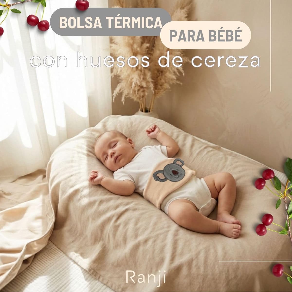 RANJI - Cinturón Anticólicos Bebé con Huesos de Cereza – Saquito de Semillas para Cólicos Bebé Recién Nacido, Algodón Orgánico GOTS & Certificación OEKO-TEX, Apto Microondas (Koala) — view 2