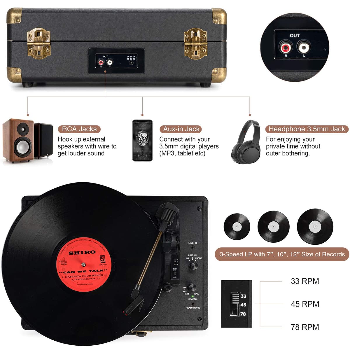 Tocadiscos de Vinilo Portátil con Correa de 3 Velocidades 33/45/78 RPM Bluetooth con Altavoces Incorporados Salida de Línea RCA Entrada AUX para Auriculares Tocadiscos Vintage — view 4