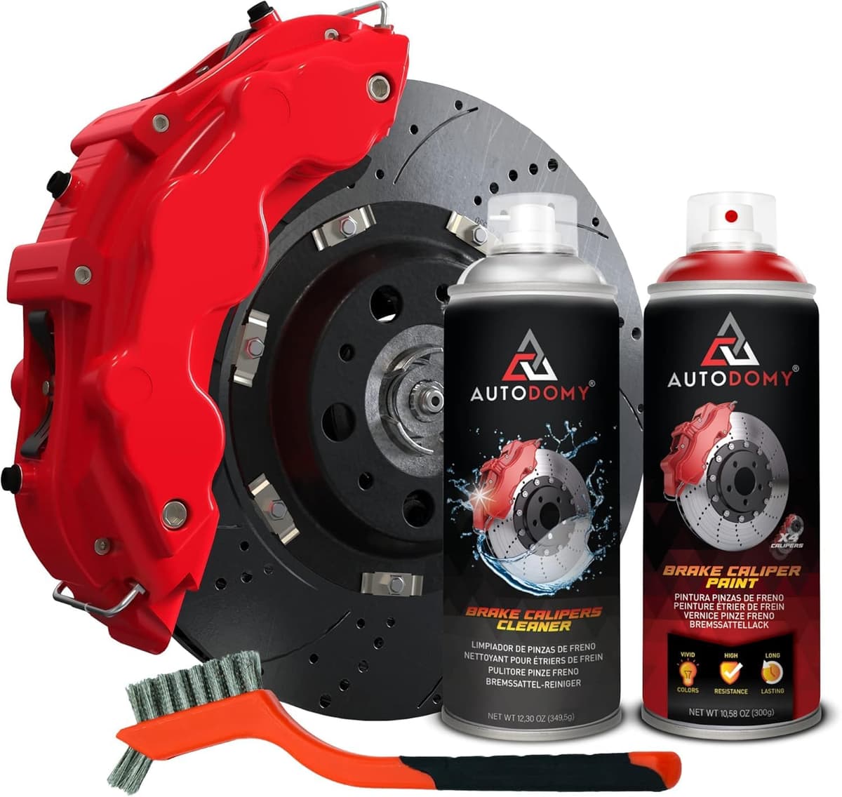 Autodomy Pintura para Pinzas de Freno Anticalorica 400ml Resistente a Altas Temperaturas | Pintura Pinzas de Freno Coche y Moto + Limpia Frenos Spray + Cepillo de Acero con Cerdas