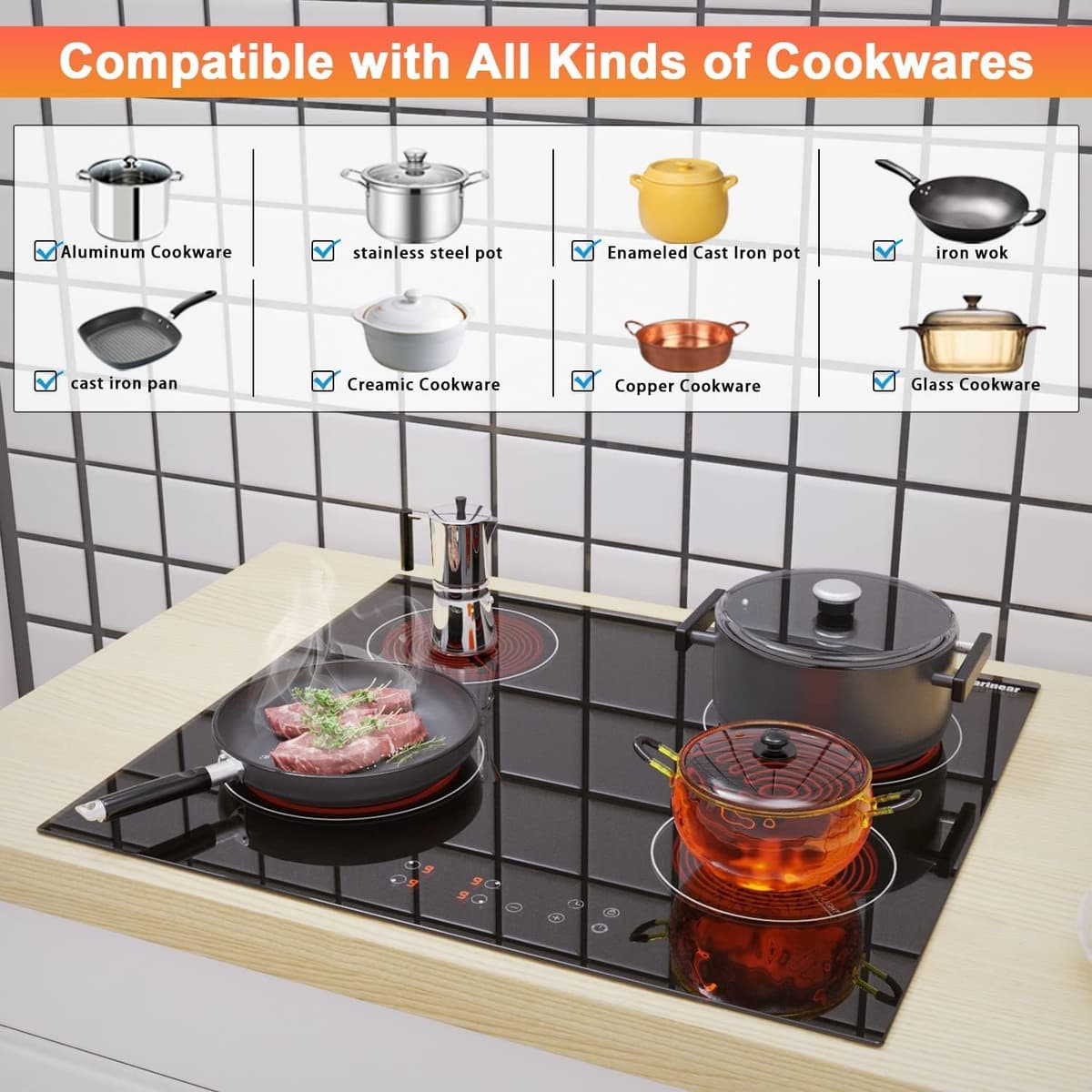 Karinear Ceramic Hob, 60cm Built-in 4 Zones Ceramic Hob with Safe Lock, Timer, Touch Control 6000W, Hard Wired, No Plug Included — view 2
