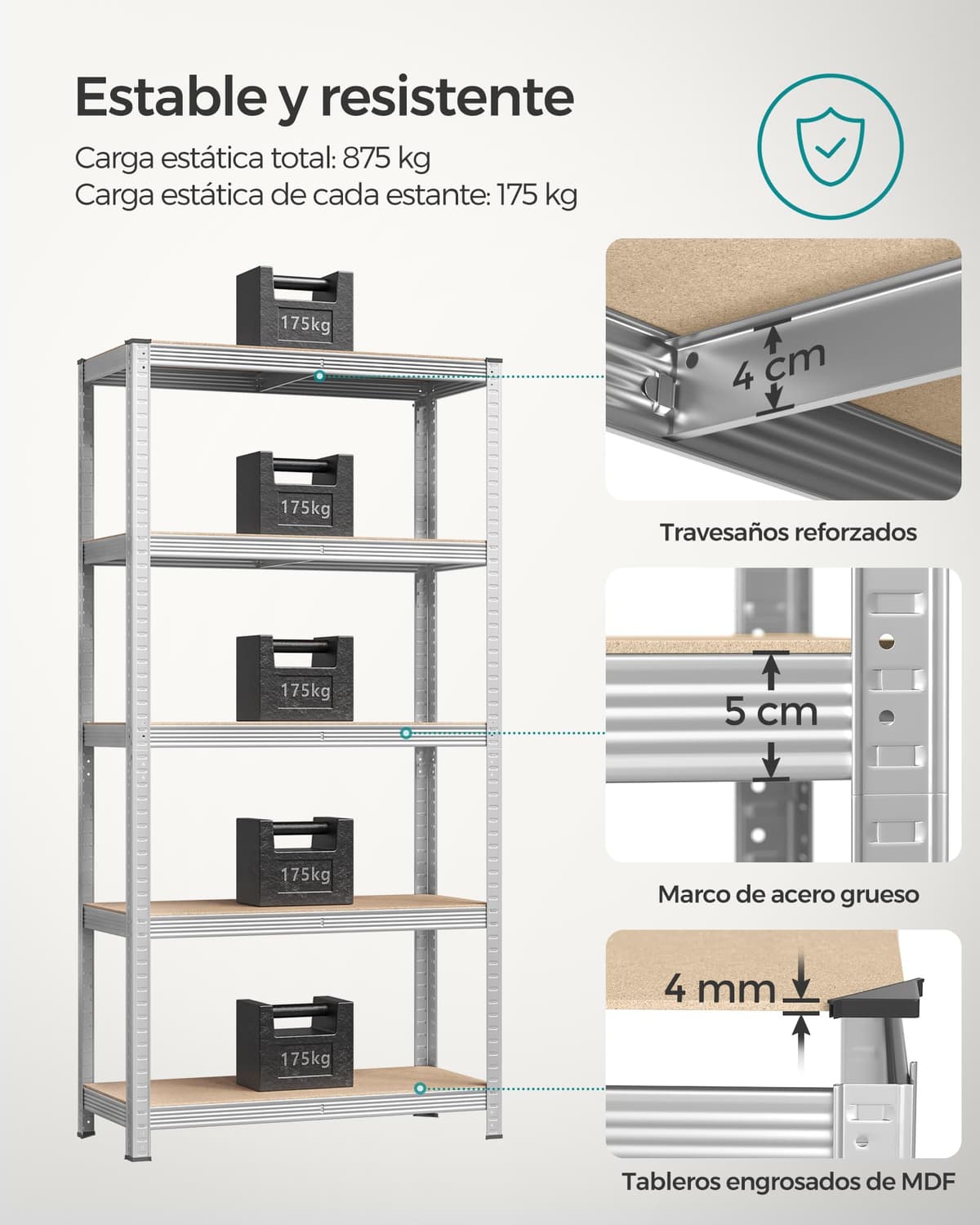 SONGMICS Estantería Pesada de 5 Niveles, Estantería de Acero, Montaje sin Herramientas, para Instrumentos, Garaje, Almacén, Trastero, Carga de 875 kg, 40 x 90 x 180 cm, Plata GLR40SV — view 4