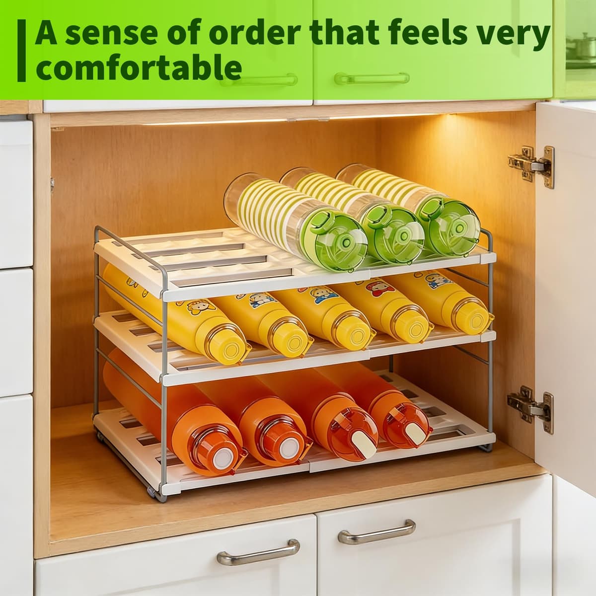 Raxfekro Organizador de botellas extensible para frigorífico, armario y cocina, con compartimentos ajustables para botellas de agua, termos y bebidas (26,5 – 42 cm) — view 5