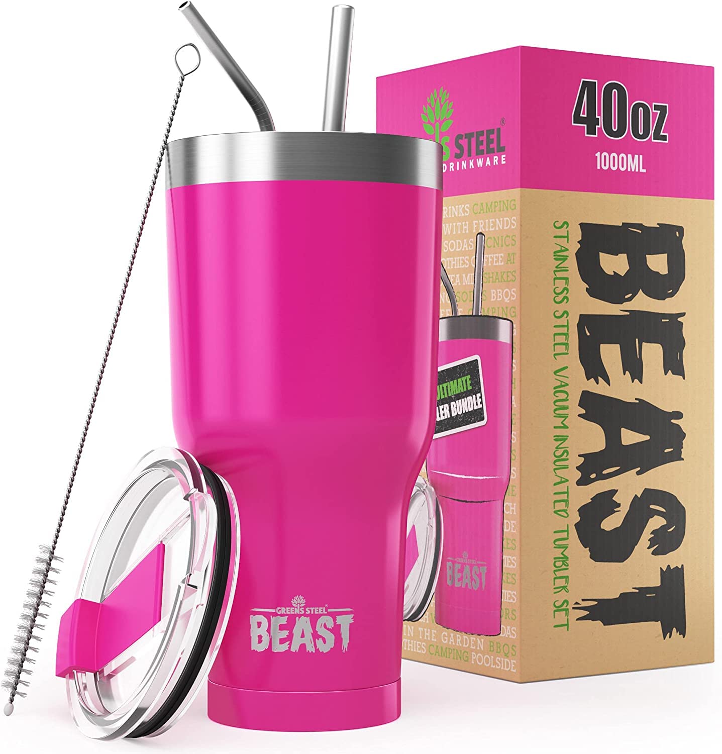 Greens Steel Beast Tumbler – 550 ml (20 oz), Coral | Vaso de acero inoxidable reutilizable con aislamiento al vacío | con 2 pajitas y cepillo de limpieza | Termo de viaje de doble pared — view 21