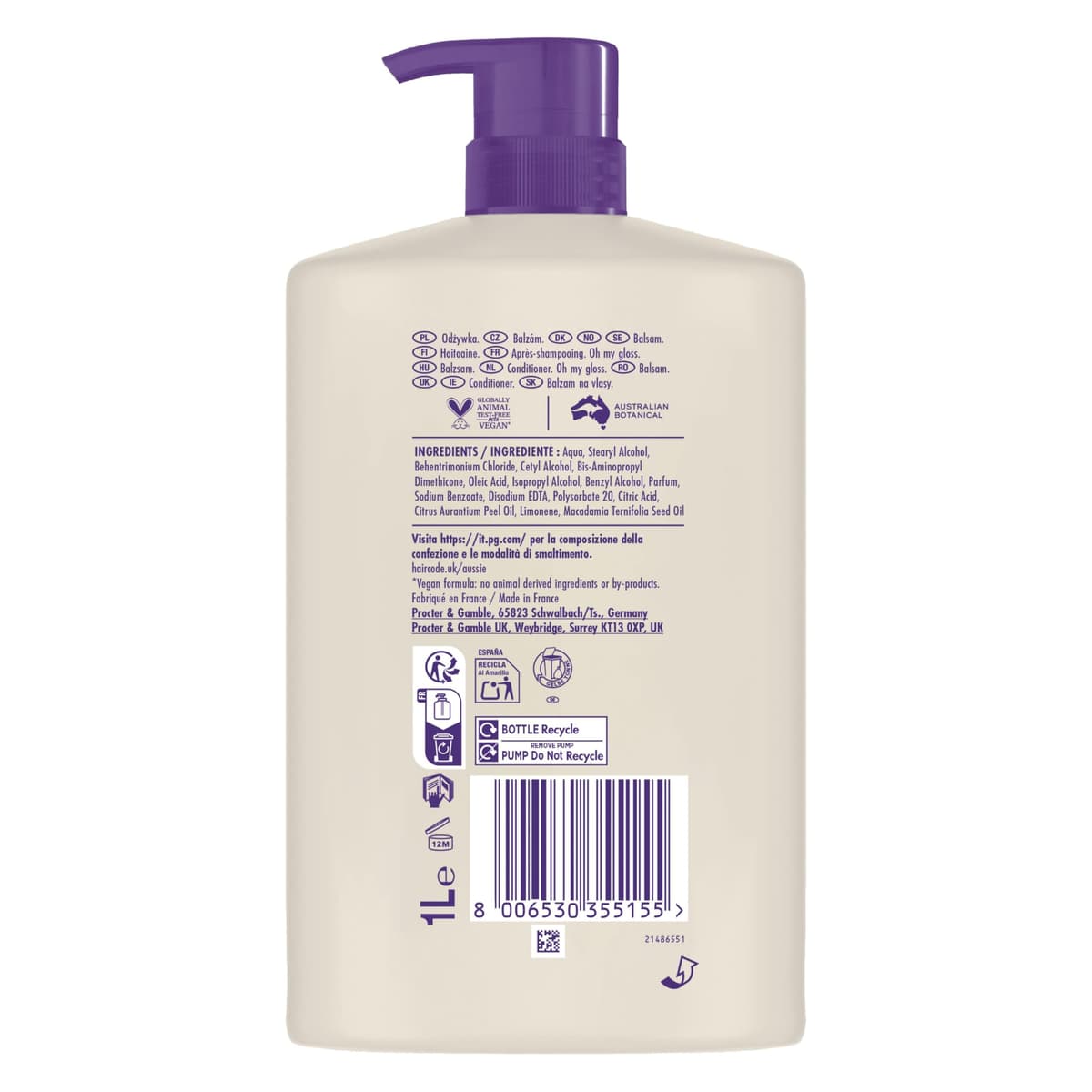 Aussie Oh My Gloss Hydrating Conditioner 1000ml. Softens and Smooths Dry & Dull Hair. Infused with Australian Macadamia Nut Oil. Vegan and Cruelty-Free — view 11