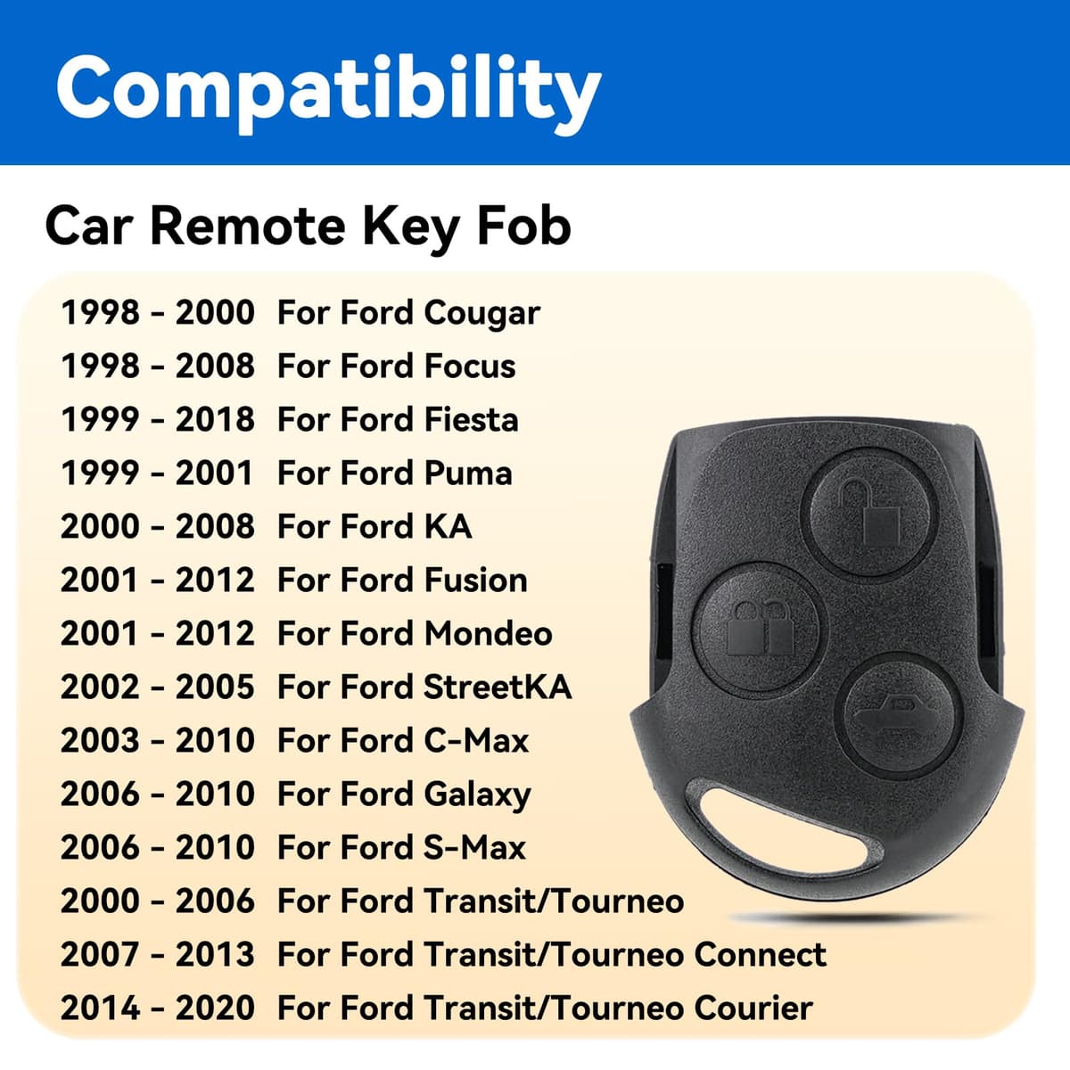 3 Button Remote Key Fob Replacement Black Head for Ford Fiesta MK6 Focus MK2 Mondeo Fusion KA S-Max C-Max Cougar Transit Tourneo Connect Key 433MHz (NO Chip NO Blade） — view 2