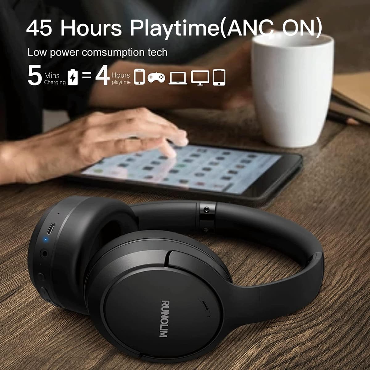 RUNOLIM Hybrid Active Noise Cancelling Headphones, Wireless Over Ear Bluetooth Headphones with Microphone, 70H Playtime, Foldable Wireless Headphones with HiFi Audio, Deep Bass for Home Travel Office — view 3