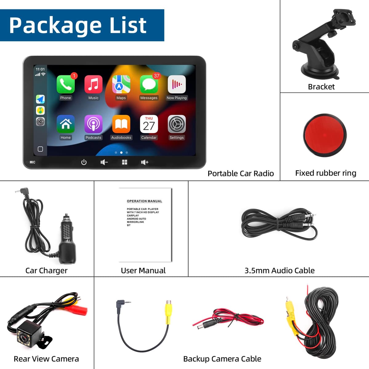 Pantalla Coche 7" con Carplay y Android Auto Inalámbrico - Radio Portatil con Pantalla Tactil | FM Transmisor, AUX, USB | Cámara Trasera | Plug & Play para la Mayoría de Coches (7 Pulgadas + cámara) — view 2