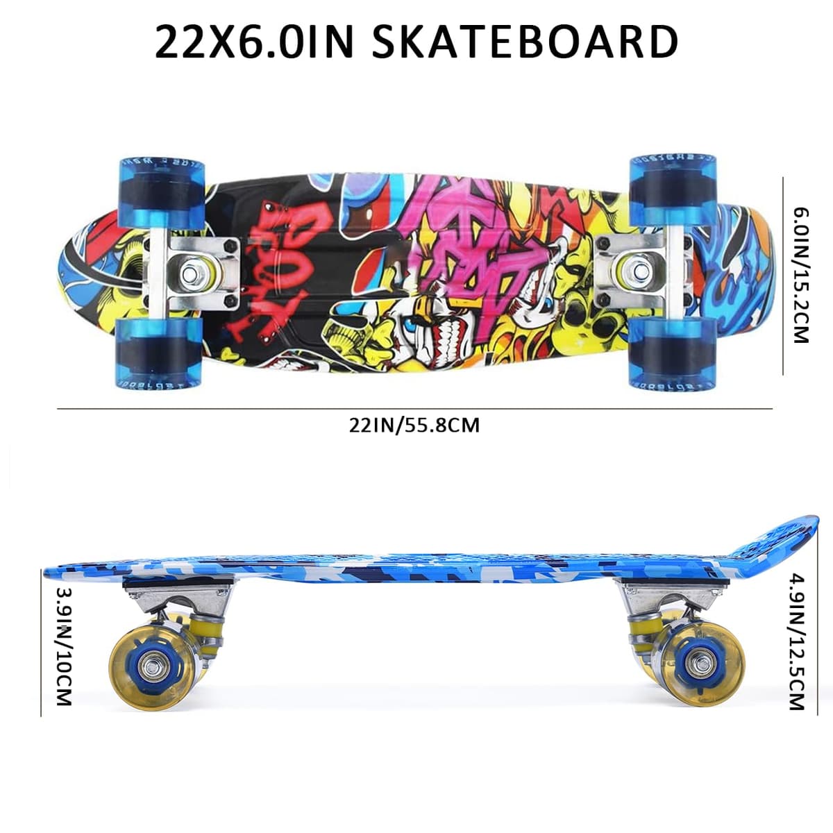 ERNAN Skateboard Complete 22 Inch Mini Cruiser, Rodamientos ABEC-7 y Ruedas 78A PU - para Niños, Adultos, Principiantes con Ruedas Light Up Complete Skateboard — view 2
