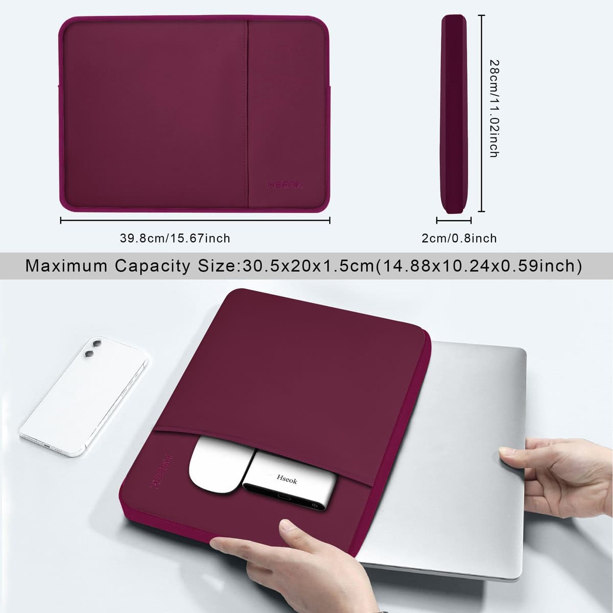 HSEOK 15,6" Funda para Computadora Portátil, Funda Impermeable a Prueba de Golpes con Bolsillo Lateral, Compatible con MacBook Pro 16"/15" y la Mayoría de Las PC de 15" 15,6" 16",W02R01 — view 2