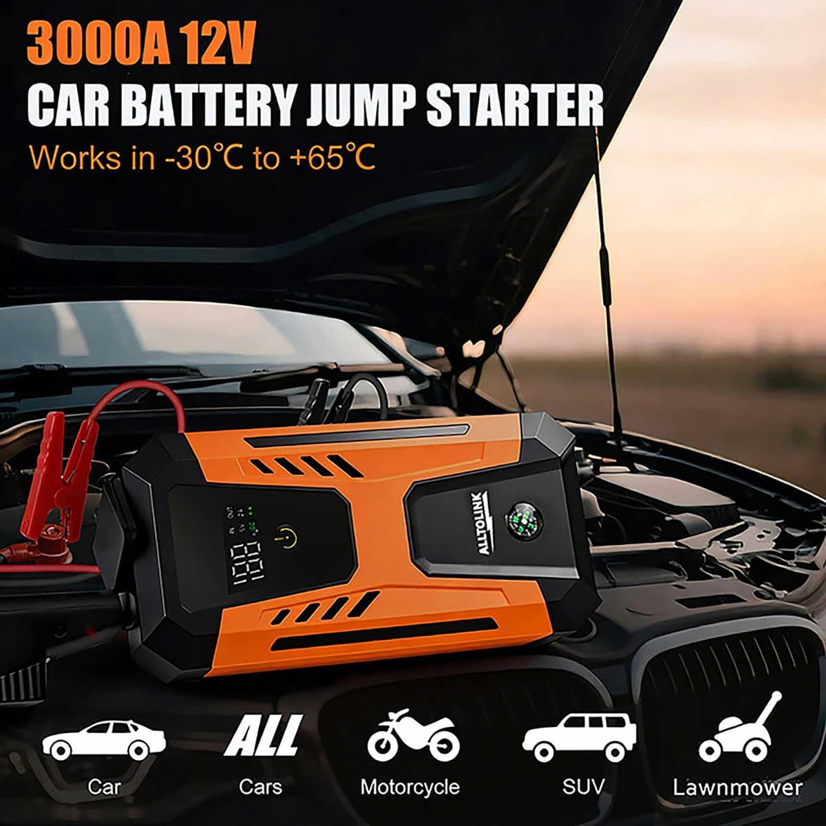 Alltolink Jump Starter Power Pack, 3000A Portable Car Battery Booster Jump Starter for 12V Vehicles and Motorcycles, Portable charger with display screen and 20V fast charging, 4-mode LED lights — view 2