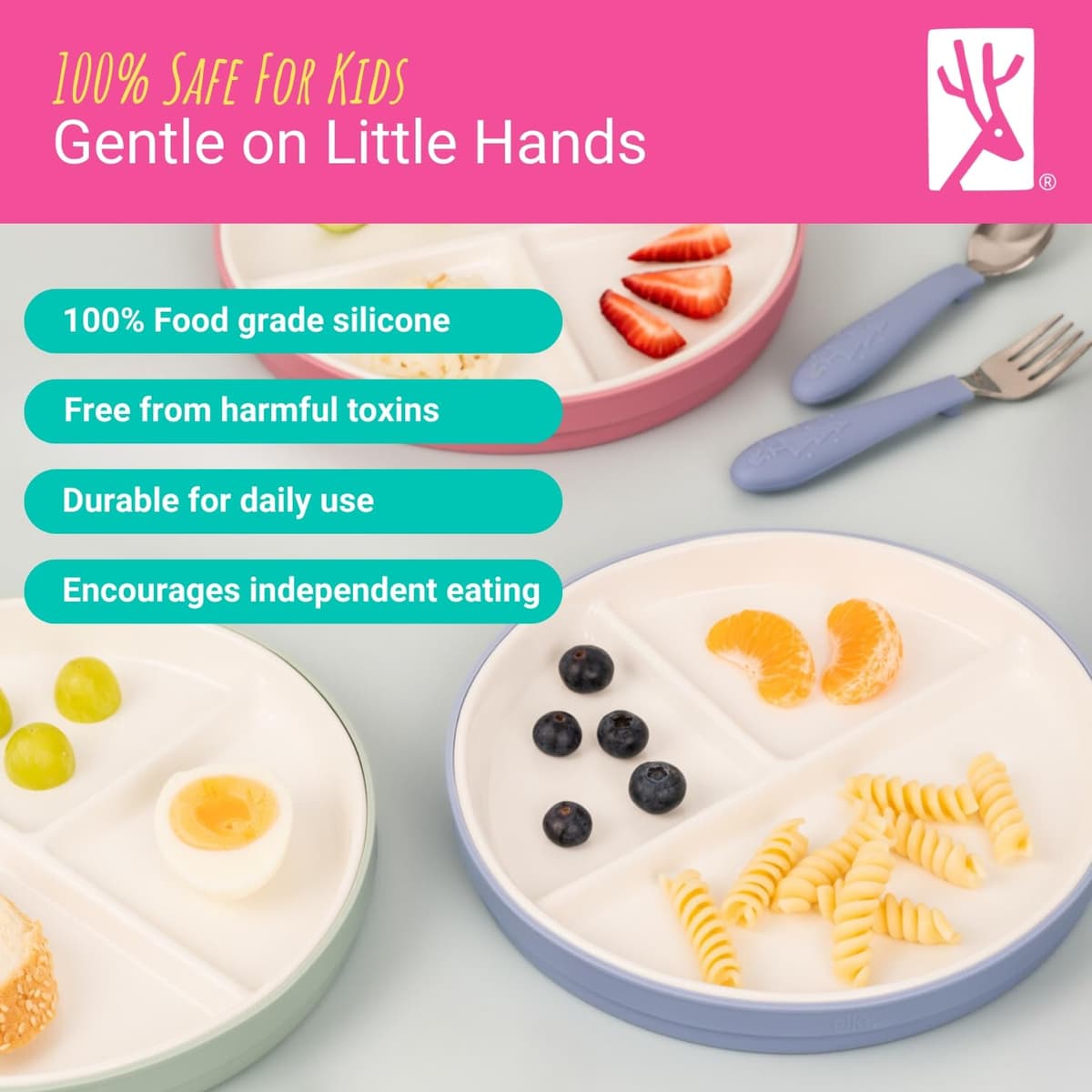 Elk and Friends Kids 6.7” Porcelain White Divided Plates with Silicone Sleeves | Suitable for Babies/Toddlers | Microwave & Dishwasher Safe | Non Slip Dinnerware | Snack Dishes | 4 Pack — view 3