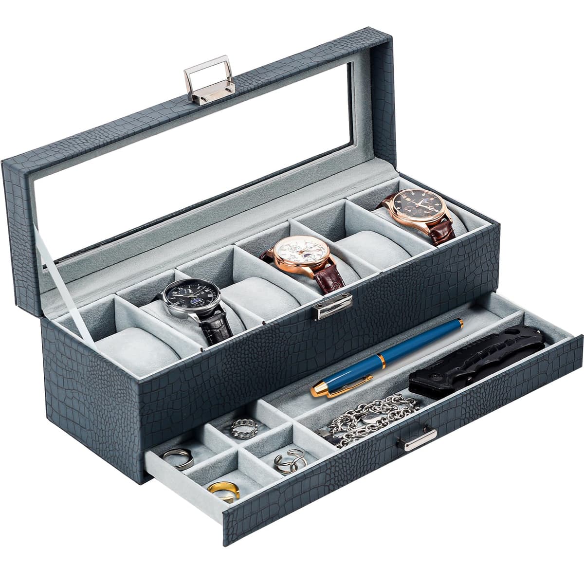 ProCase Caja de Relojes de 6 Ranuras con Cajón, Funda Organizadora de Reloj de 2 capas con Tapa de Cristal, Estuche de Almacenamiento para Hombres y Mujeres -Negro — view 30