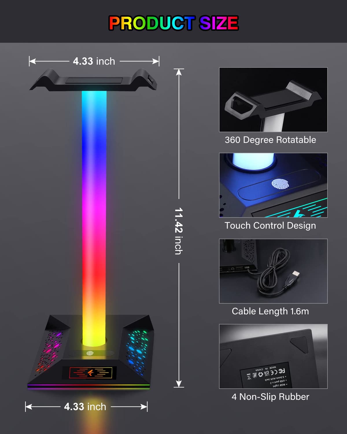 Hcman Headphone Stand Gaming Headset Holder RGB PC Gaming Accessories for Desk, Cool LED Headset Stand with 2 USB Charger for Gamer — view 5