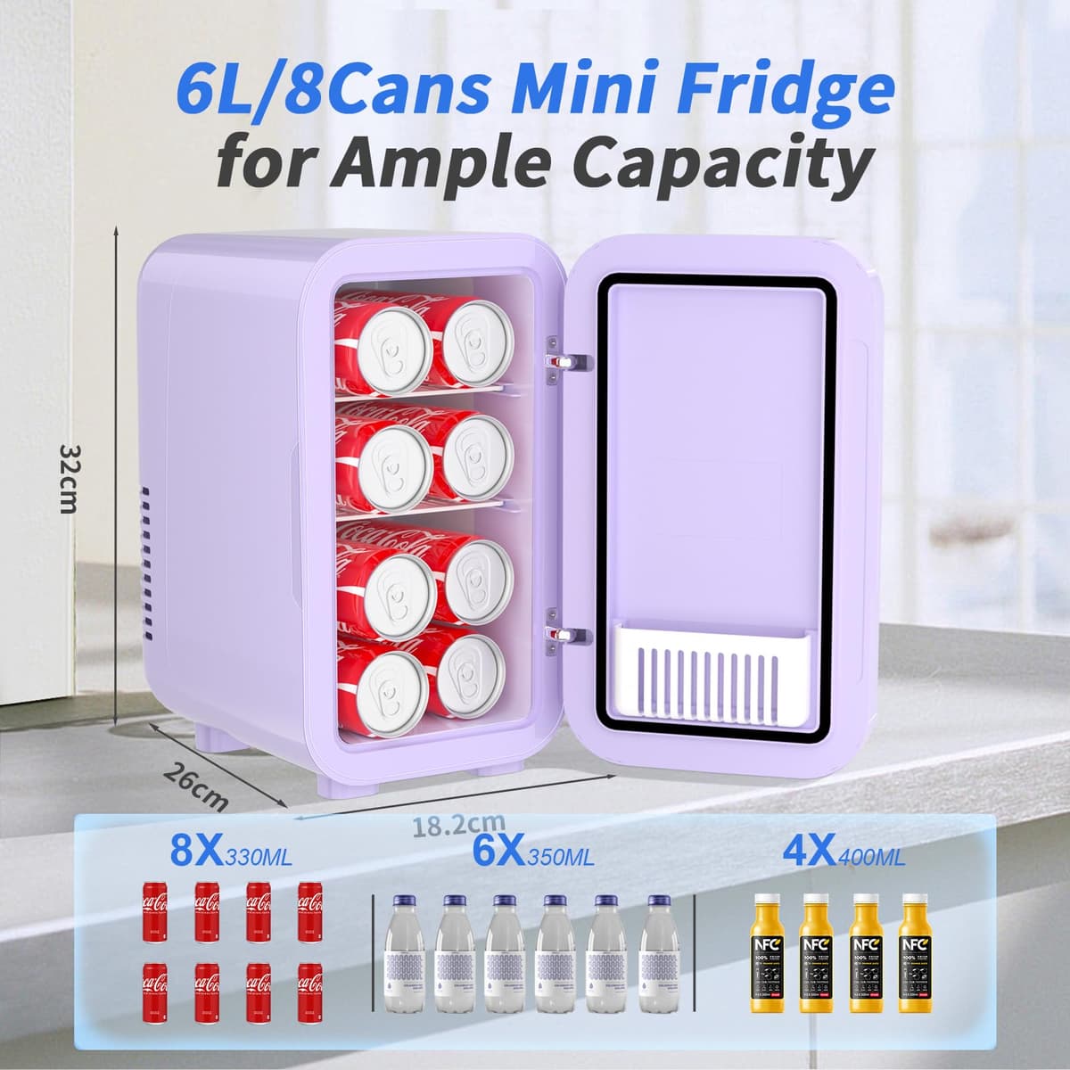 YASHE Mini Fridge, 6 Liter/8 Can 220-240V AC/DC Portable Thermoelectric Cooler Refrigerators for Bedroom, Skincare, Beverage, Office, Dorm Room and Car, Purple — view 2