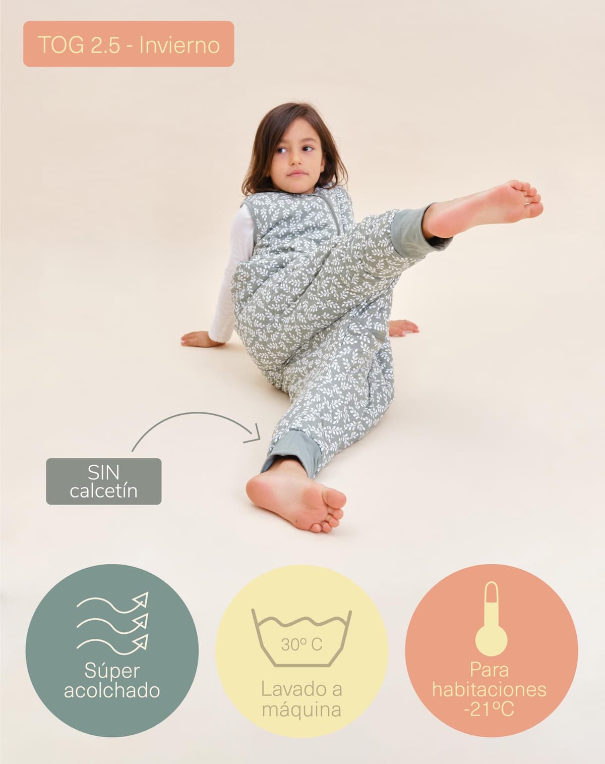 molis&co - Pijama Manta con Pies 2.5 TOG - 70 cm (1 año) - Ideal para Invierno - Suave y cálido - 100% algodón (Oeko-Tex 100) - Green Garden — view 4