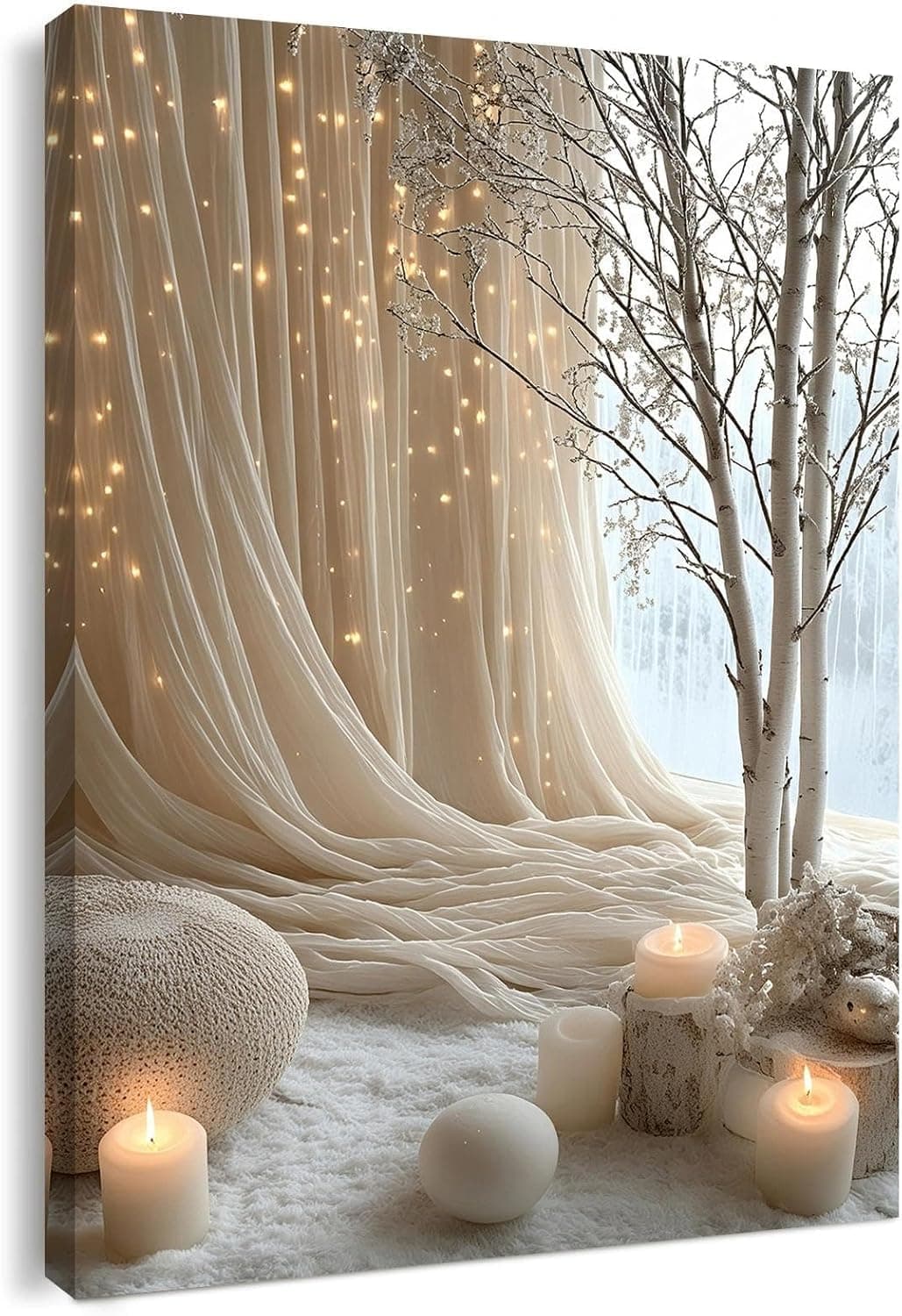 Canvas Wall Art Framed – Cozy Neutral Candle Lights Artwork, Soft Winter Hygge Style Wall Decor for Bedroom, Living Room, Hallway or Entryway Home Decoration, with Hooks and Nails, 12x16 Inch 02
