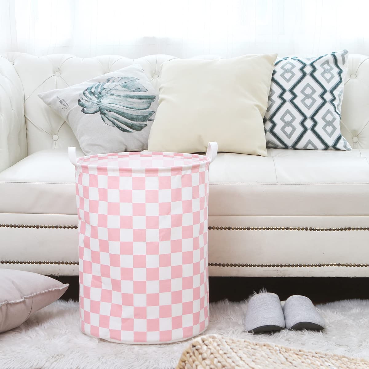 Sea Team 19.7 Inch Large Sized Waterproof Coating Ramie Cotton Fabric Folding Laundry Hamper Bucket Cylindric Burlap Canvas Storage Basket with Stylish Grid Pink Design — view 3