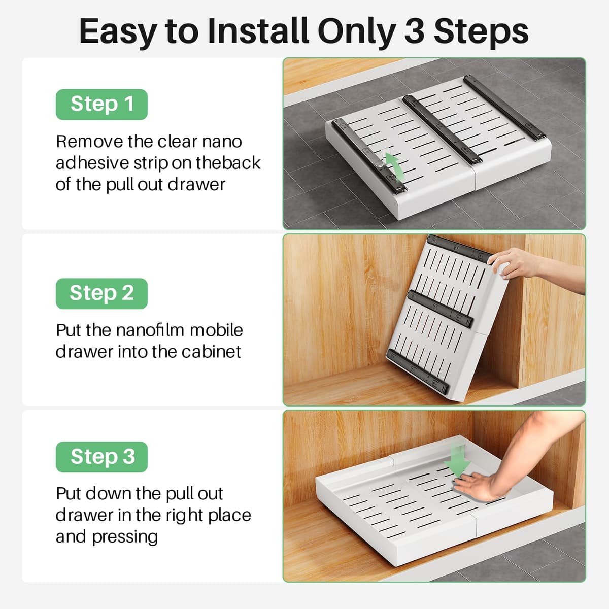 Pull out Cabinet Organizer, Expandable(12"-20") Heavy Duty Slide out Drawers Fixed with Adhesive Nano Film for Pots, Roll out Shelf Storage for Kitchen Base Cabinet, Pantry, Bathroom Cupboard — view 8