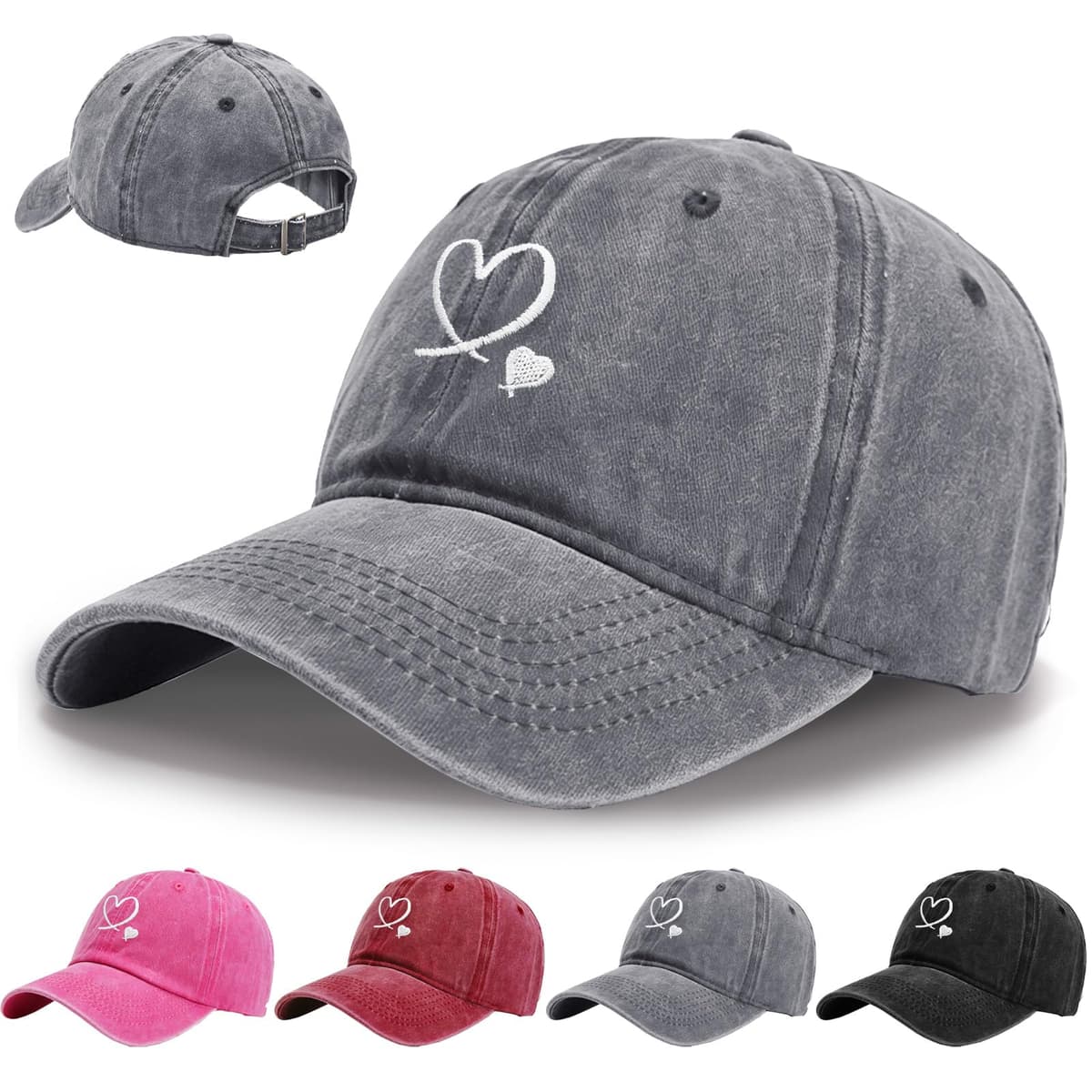 Gorra de béisbol con bordado de corazón, unisex, ajustable, de algodón