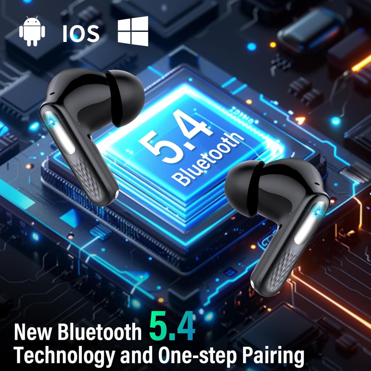 Wireless Headphones with LED Touch Screen, Bluetooth 5.4 HiFi Stereo Headphones with HD Mic, 48H Wireless Headphones with Noise Reduction ANC+ENC, IP7 Waterproof, Glossy Black — view 9