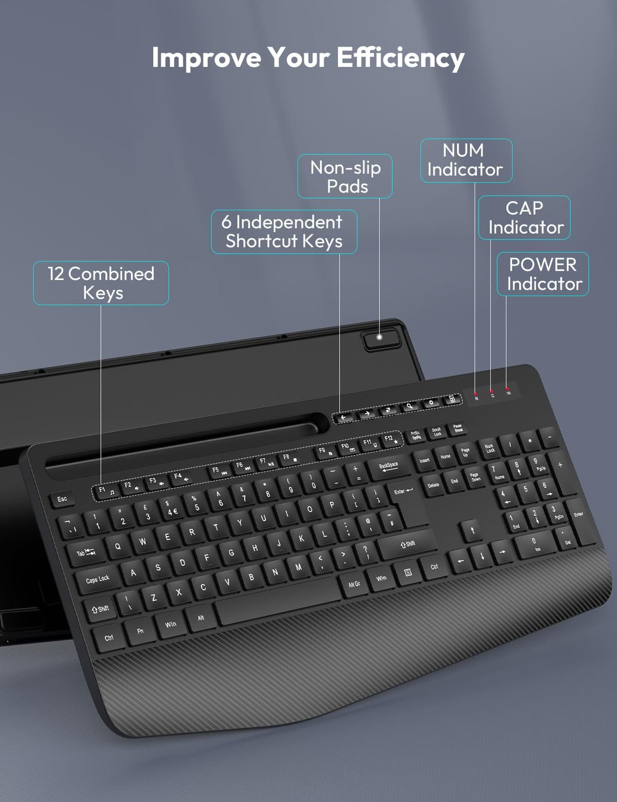 SABLUTE Wireless Keyboard with Wrist Rest, Full-size Ergonomic Keyboards with Phone Holder, Numeric Keypad, 18 Multimedia Keys, Sleep Mode, 2.4GHz Cordless Keyboard for Windows/Computer/PC, KN213 — view 7