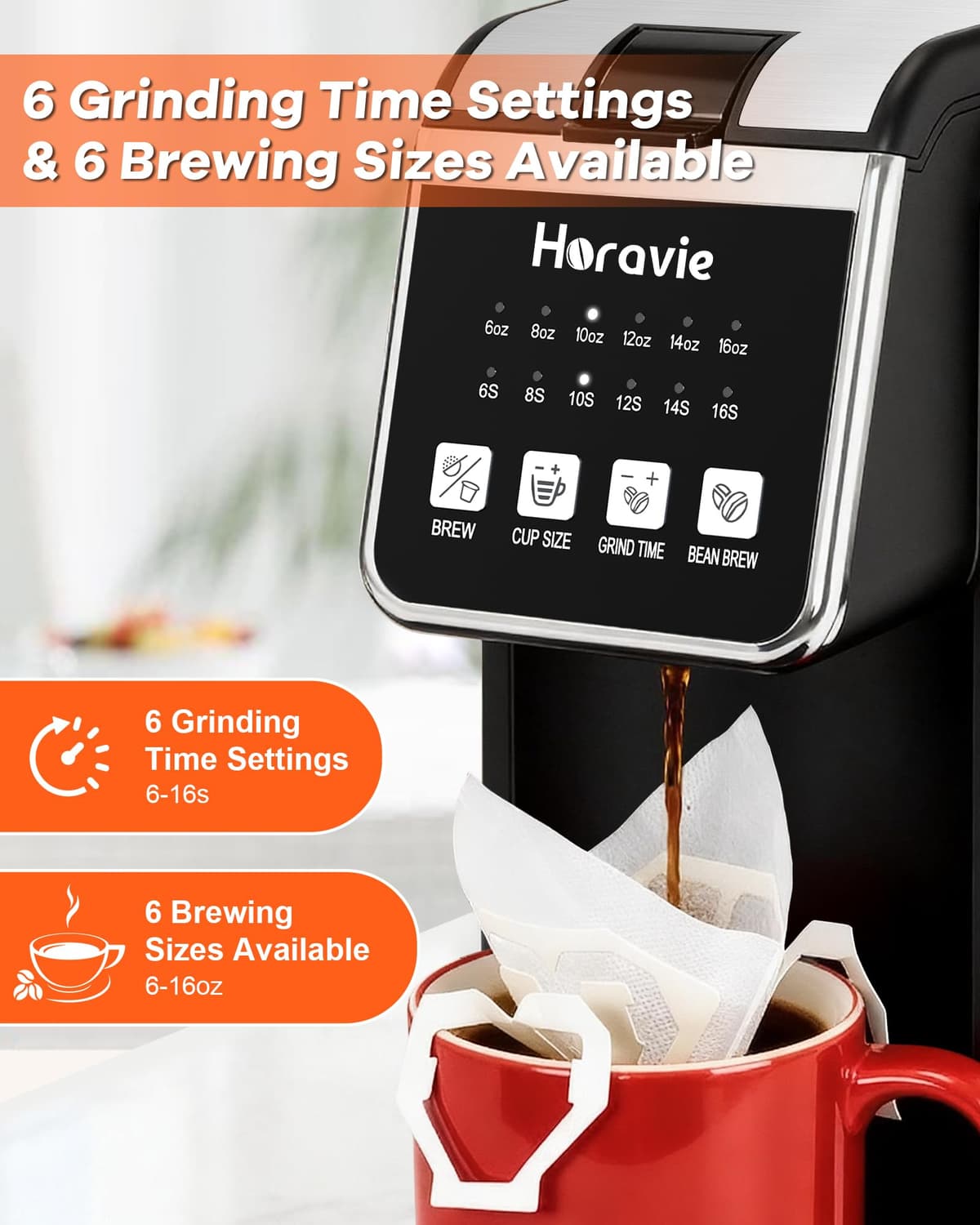 Horavie Single Serve Coffee Maker with Built-in Grinder, Fast Brew 6-16oz Single Cup for Whole Beans, Grounds, K Pod, Grind and Brew Coffee Maker with 47oz Water Tank, Descaling Alert, Black — view 5