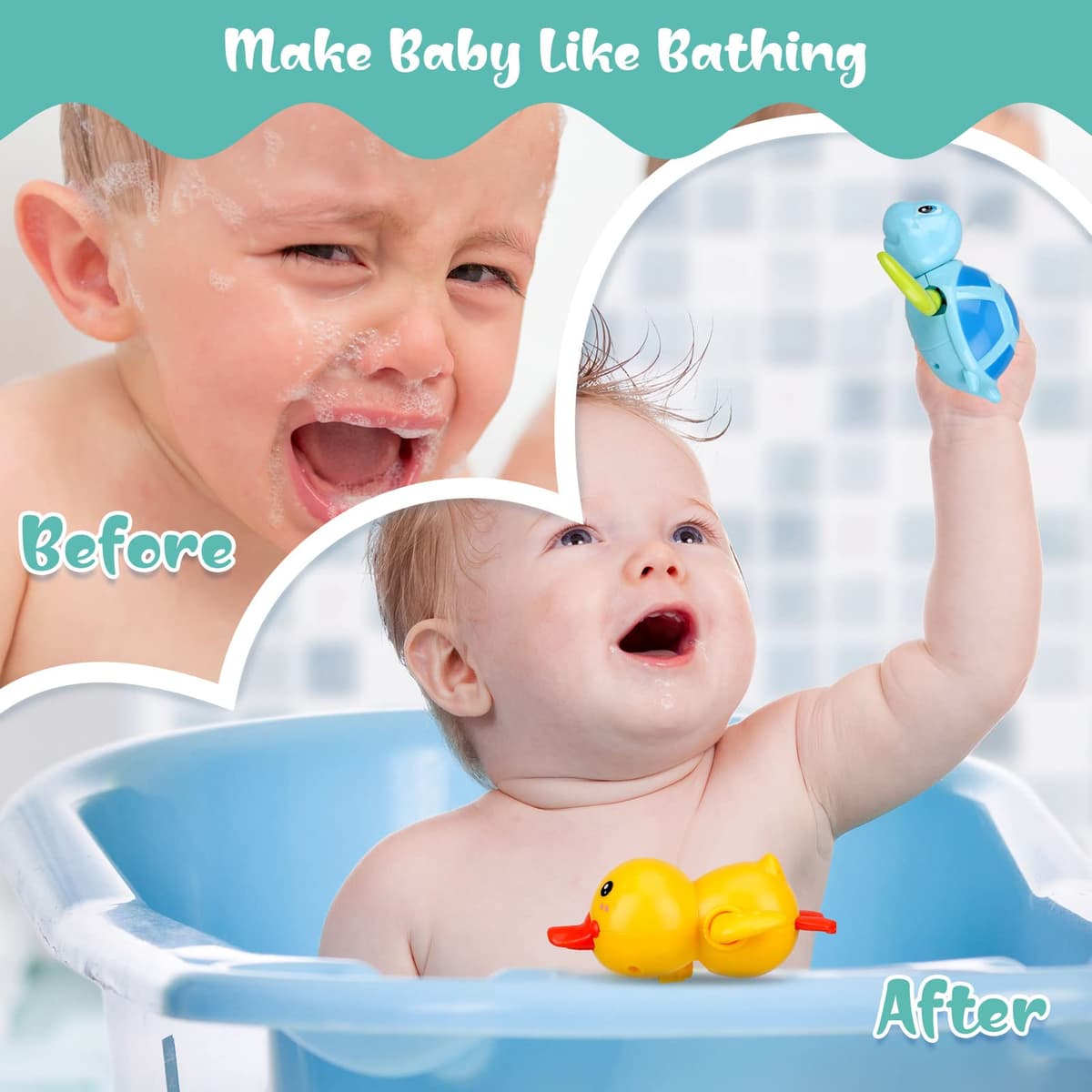 Pinenuts Baby Bath Toys, 4 Pcs Baby Bath Tub Toys Wind-up Toys Paddling Pool Toys Floating Swimming Ducks & Turtles Water Toys for Toddler Kids Girls Boys Bath-time Shower Gifts — view 3