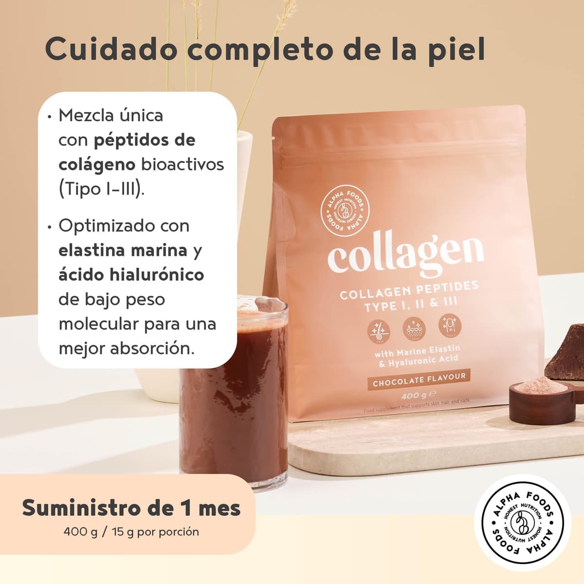 Colágeno en Polvo 400g | Péptidos de Colageno Hidrolizado con Acido Hialuronico y Elastina Marino | Collagen Peptides Tipos I, II, III | Sabor Chocolate | Alpha Foods — view 3