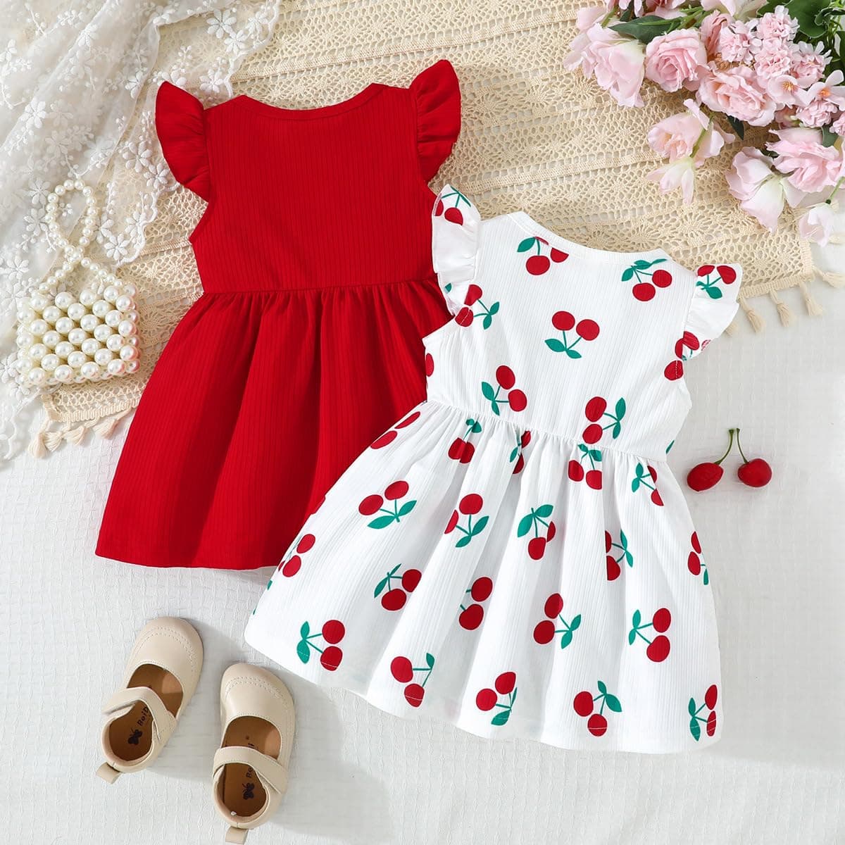 Vestido Verano Para Niña con Estampado de Mariposas Lazo Volantes sin Mangas Bonito Vestido de Lunares Para Niña — view 3