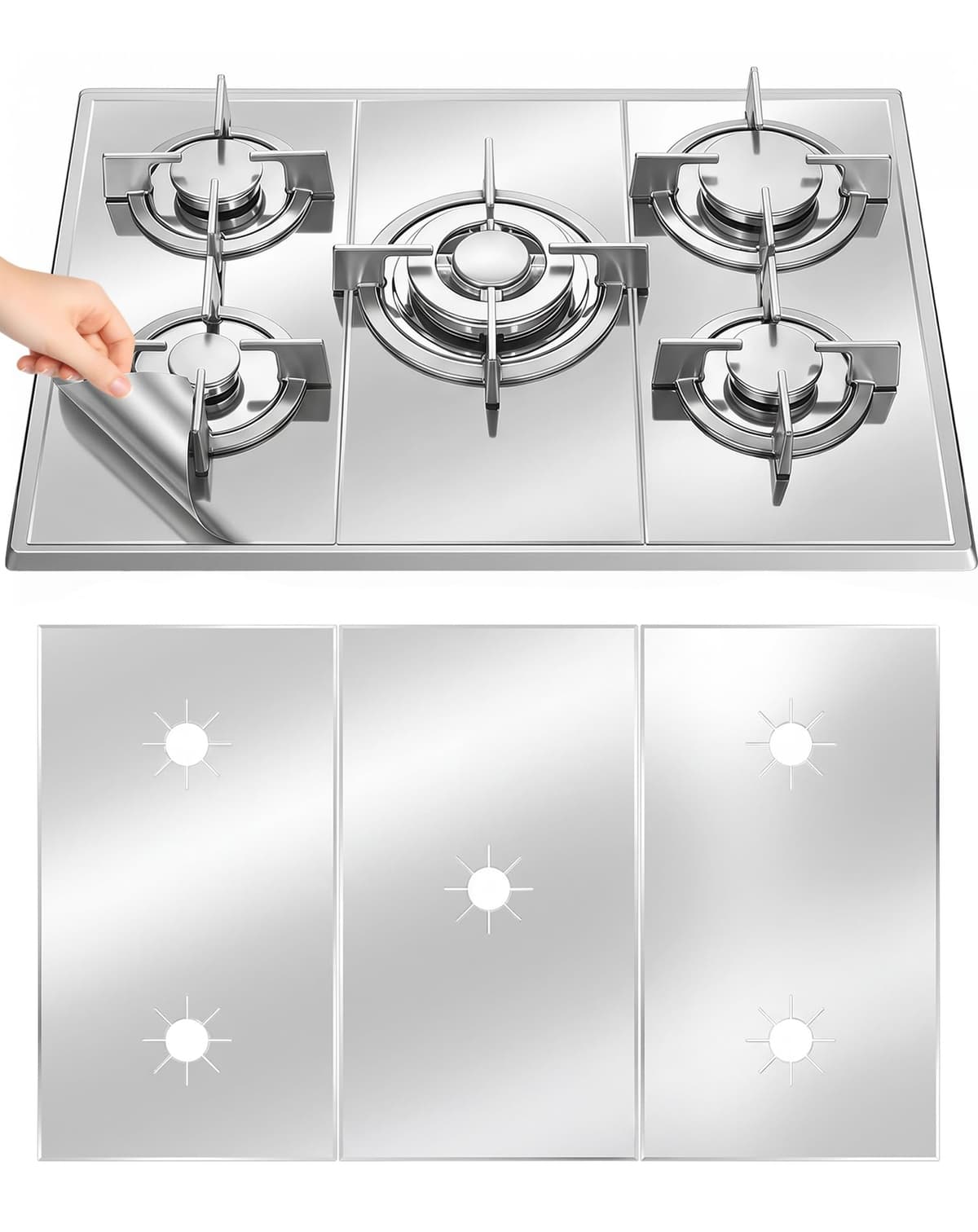 JTENGYAO Gas Hob Covers, 3PCS 54x27cm Reusable Stove Burner Covers, Gas Hob Range Protectors, Fiberglass Gas Stove Mats, Non-Stick Hob Protectors for Gas Cooker, Silver