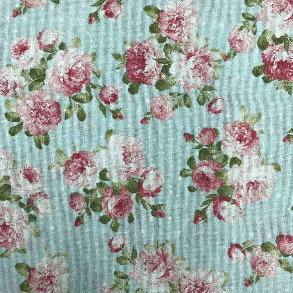 Kt KILOtela - Tela Loneta Estampada, Decoración, Tapizar, Cojines, Cortinas, Bolsos, Manteles, Costura Creativa, 100 cm Largo x 280 cm Ancho, Flores Sevilla, Rosa, Azul ─ 1 Metro