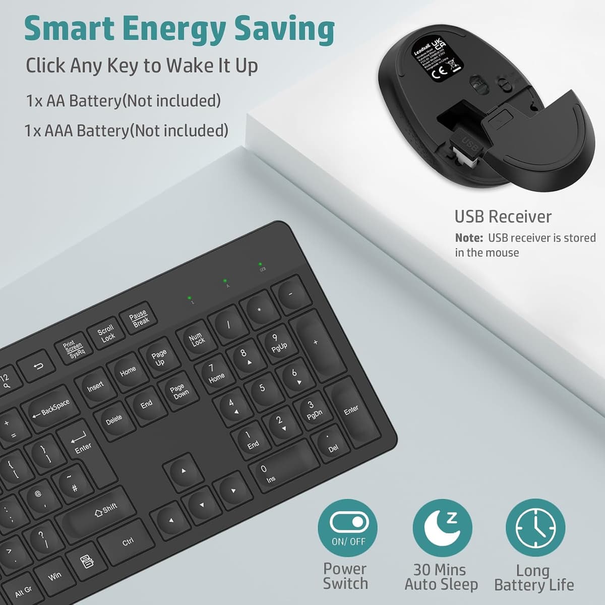 LeadsaiL Wireless Keyboard and Mouse Set, 2.4GHz USB Computer Keyboards and Mouse Combo, Full Size UK QWERTY Layout, Ergonomic Design with 12 Multimedia Shortcuts for HP/Lenovo Laptop and Mac - Black — view 2