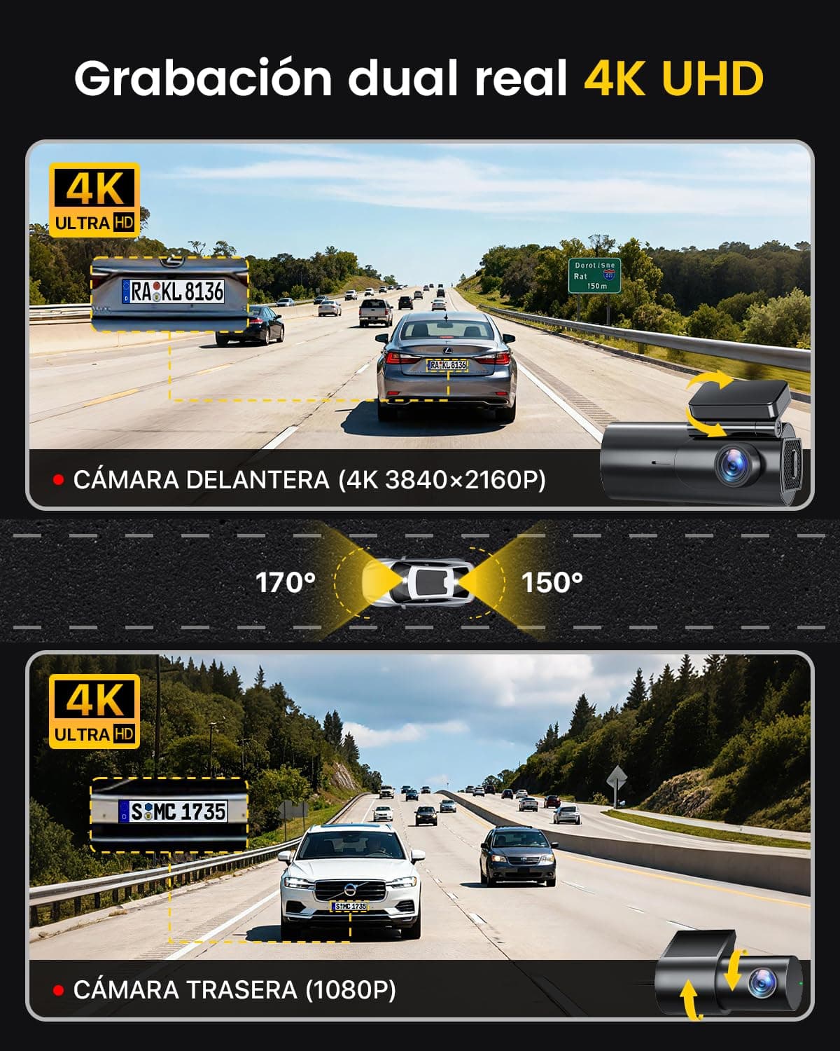 GKU Dashcam Cámara Coche 4K+1080P, 5GHz WiFi Dash CAM Coche con Tarjeta SD de 64GB,Camara Coche Grabadora,170° Gran Angular,Visión Nocturn,WDR,Sensor G,Monitor de Aparcamiento,Grabación de Bucle — view 2