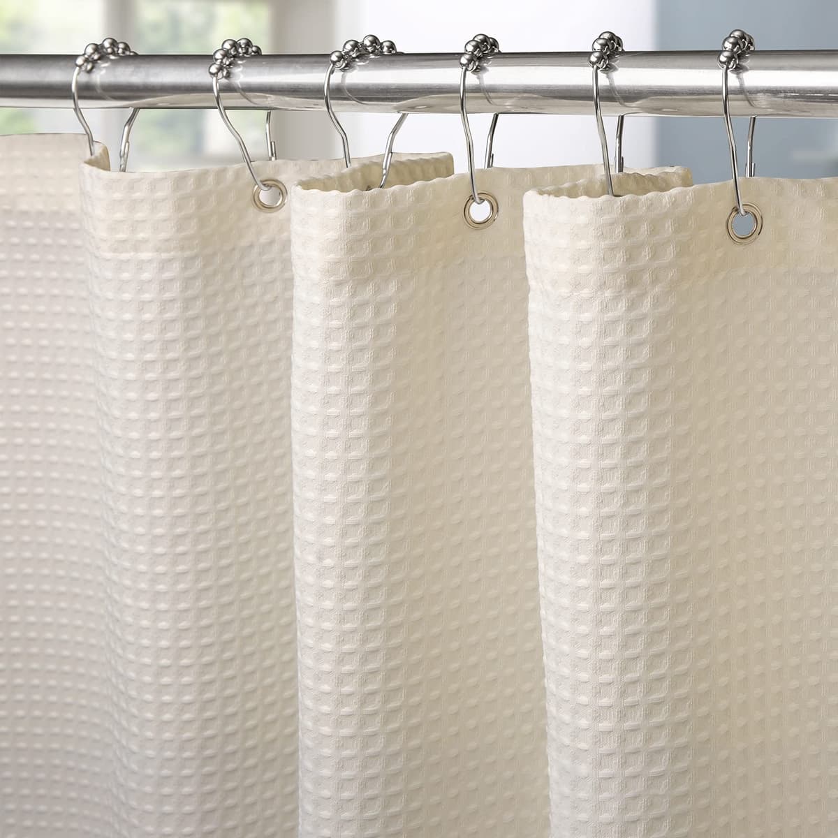 Cortina de Ducha para Baño con Ganchos de Metal Cortina de Ducha de Tela Waffle Cortina de Baño Resistente para Cabina de Ducha de Bañera, Resistente al Agua - 92 x 182cm (Crema)