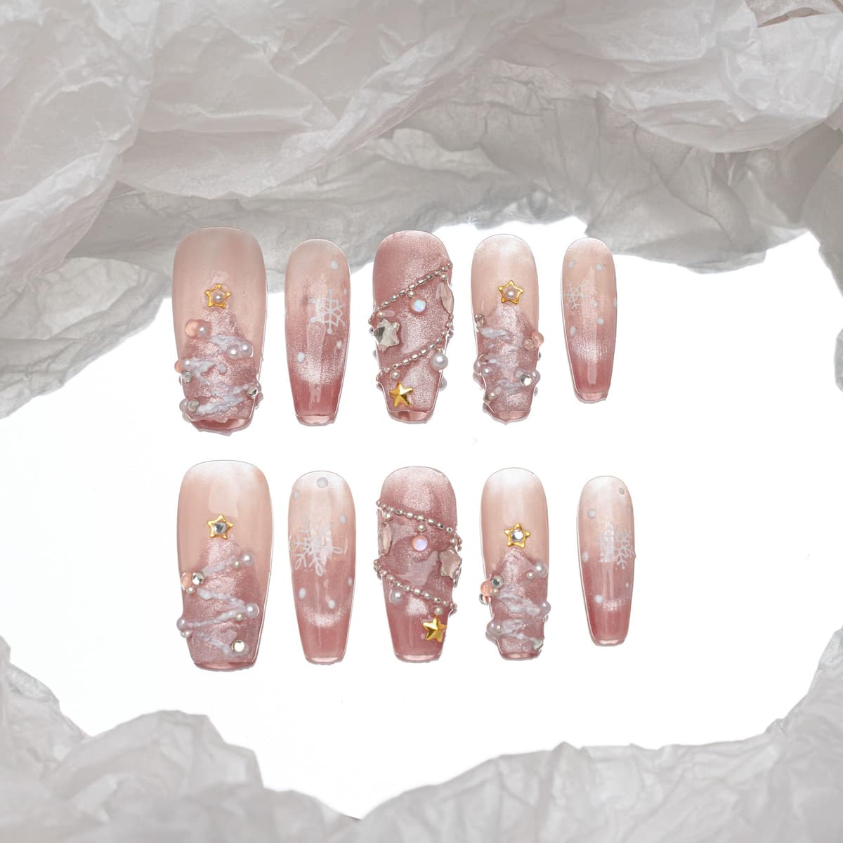 Sun&Beam Nails Handmade Press On Nail Long Coffin Ballerina Pink Flower Acrylic Fake Tip 3D Design Art Charms Cute with Storage Box 10 Pcs (S) — view 170