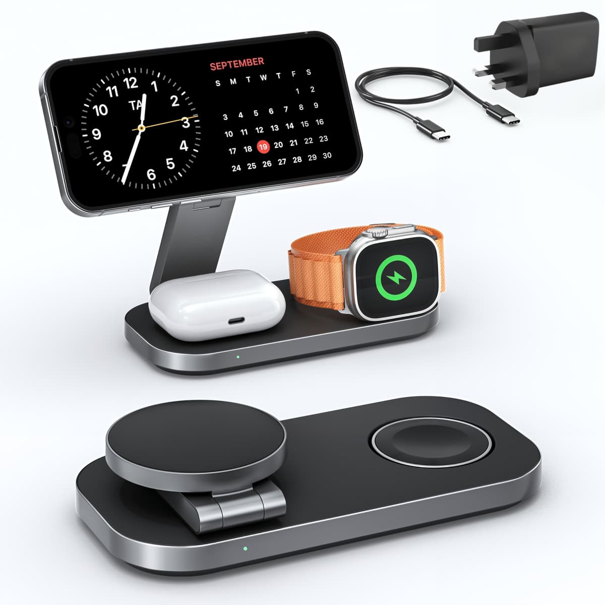3 in 1 Wireless Charging Station - Foldable Wireless For iPhone, Apple Watch And AirPods | Travel-Ready iPhone Magsafe Charger Stand | Compact Fast Charge Stand | Adapter Included (Black)