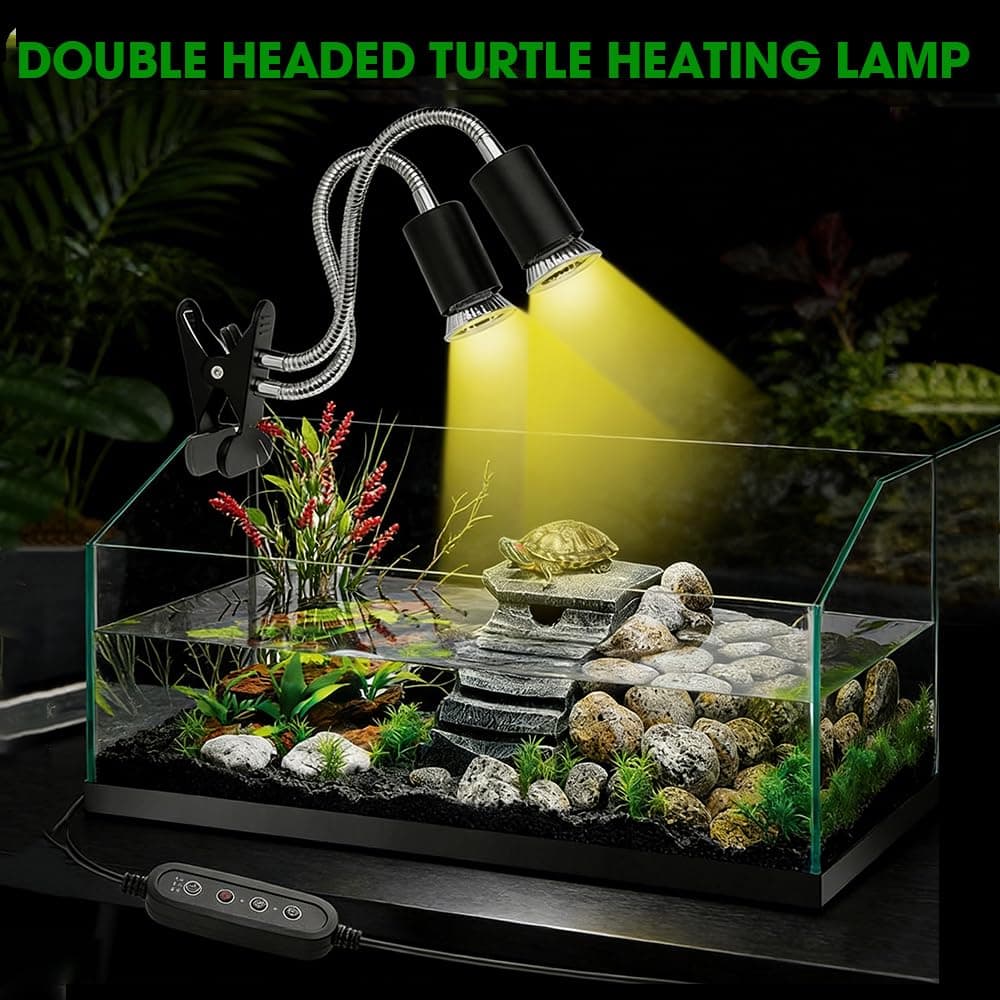 mizikuu Lámpara para Tortuga, E27 Lámpara de Calor de Reptil de Agua de Dos Cabezas con Bombilla Calor 25W 50W UVA UVB Luz para Tortugas de Agua con Control de Temperatura Temporizado — view 2