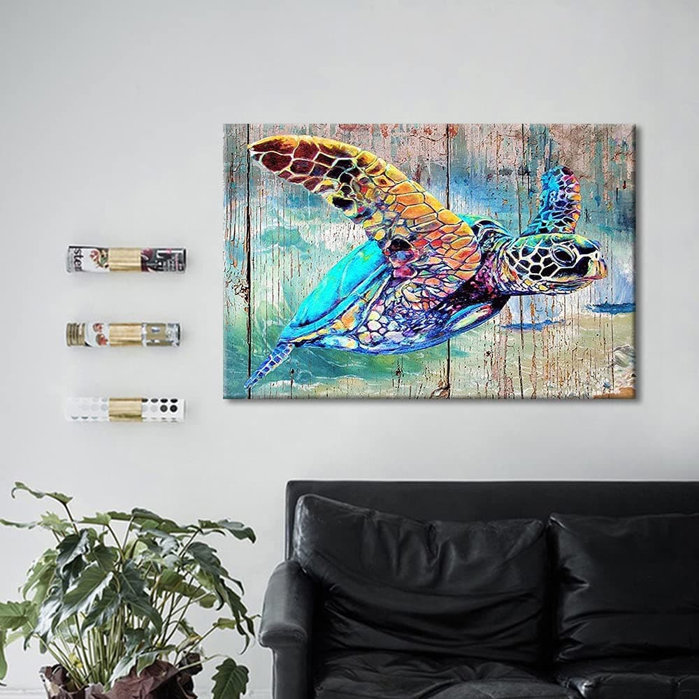 TISHIRON Canvas Wall Art Bathroom Sea Turtle Pictures Prints Ocean Sea Life Artwork Home Decor Chic Framed Ready to Hang 24x16in — view 3