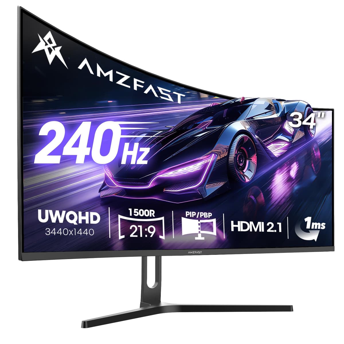 Amzfast 34 Inch Curved Gaming Monitor, 3440x1440p UWQHD, 240Hz, 1ms MPRT, 1500R Curved Screen, Adaptive Sync, HDR, 3000:1 Contrast, 130% sRGB, HDMI2.1&DP1.4, VESA 75x75mm, PIP/PBP, AMZG34C5Q Pro