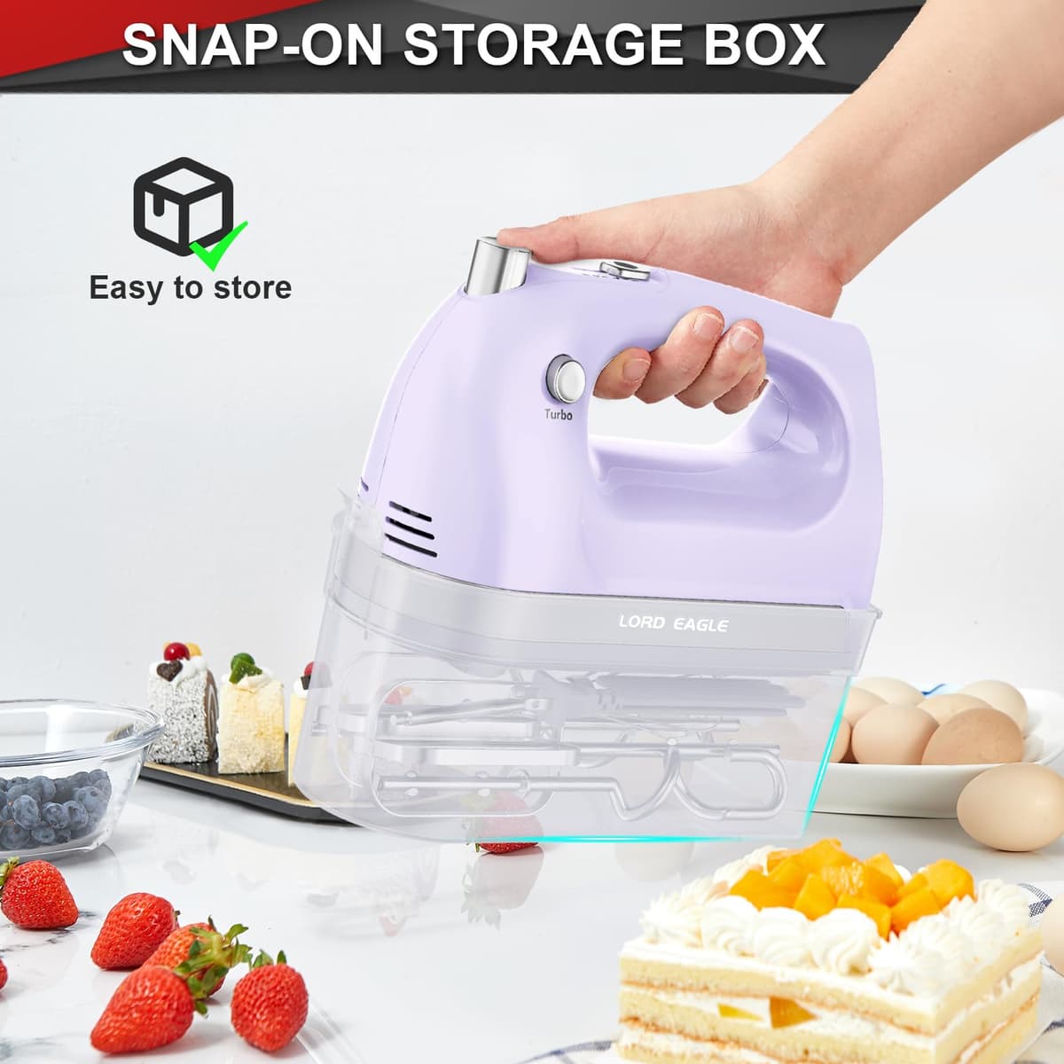 Lord Eagle Hand Mixer Electric Whisk, 400W Power Handheld Mixer for Baking Cake Egg Cream Food Beater, Turbo Boost/Self-Control Speed + 5 Speed + Eject Button + 5 Accessories, Purple — view 5