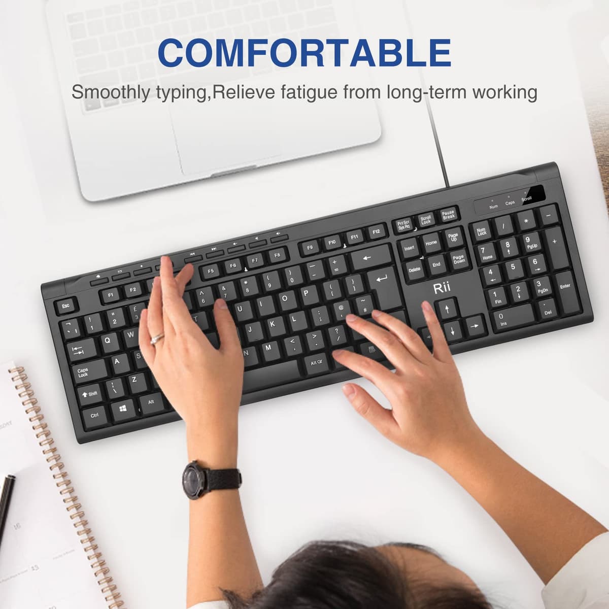 Rii RK907 USB Wired Keyboard Full Size Office Keyboard Compatible with Mac PC Tablet Windows Android Microsoft UK Layout — view 2