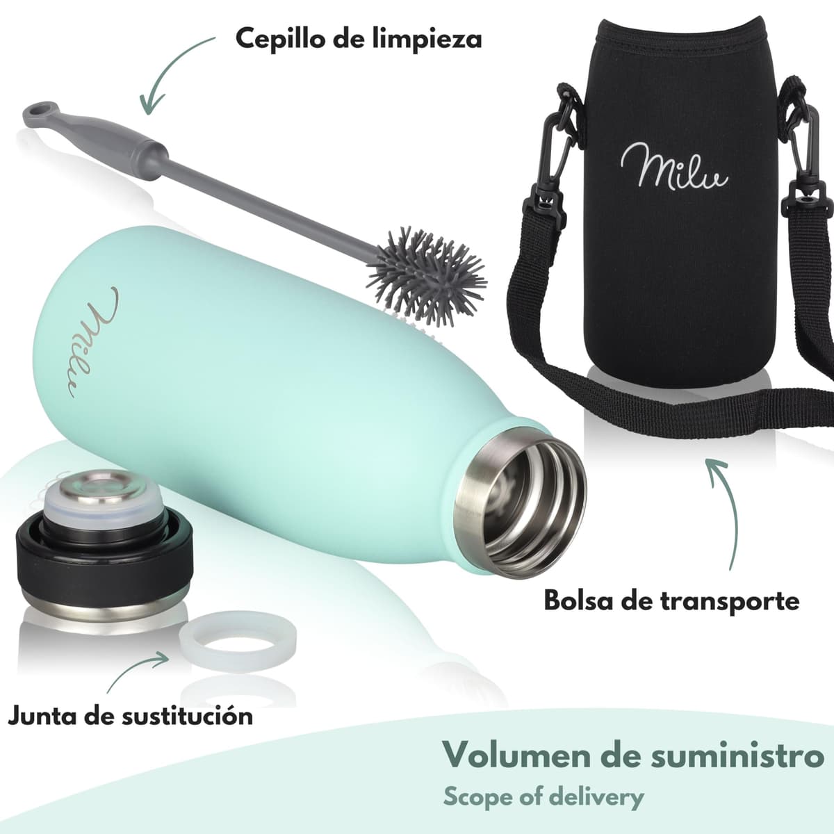 Milu Botella de acero inoxidable de 350ml 500ml 750 ml 1 L 1,5 L botella de agua aislada, termo a prueba de fugas, doble pared, apta para ácido carbónico + cepillo de limpieza (Azul Violeta, 350ml) — view 110